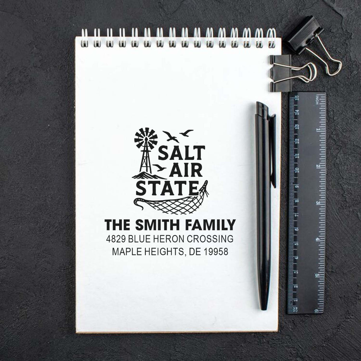 Custom family address rubber stamp with Salt Air State design, ideal for personalized stationery and return mail.