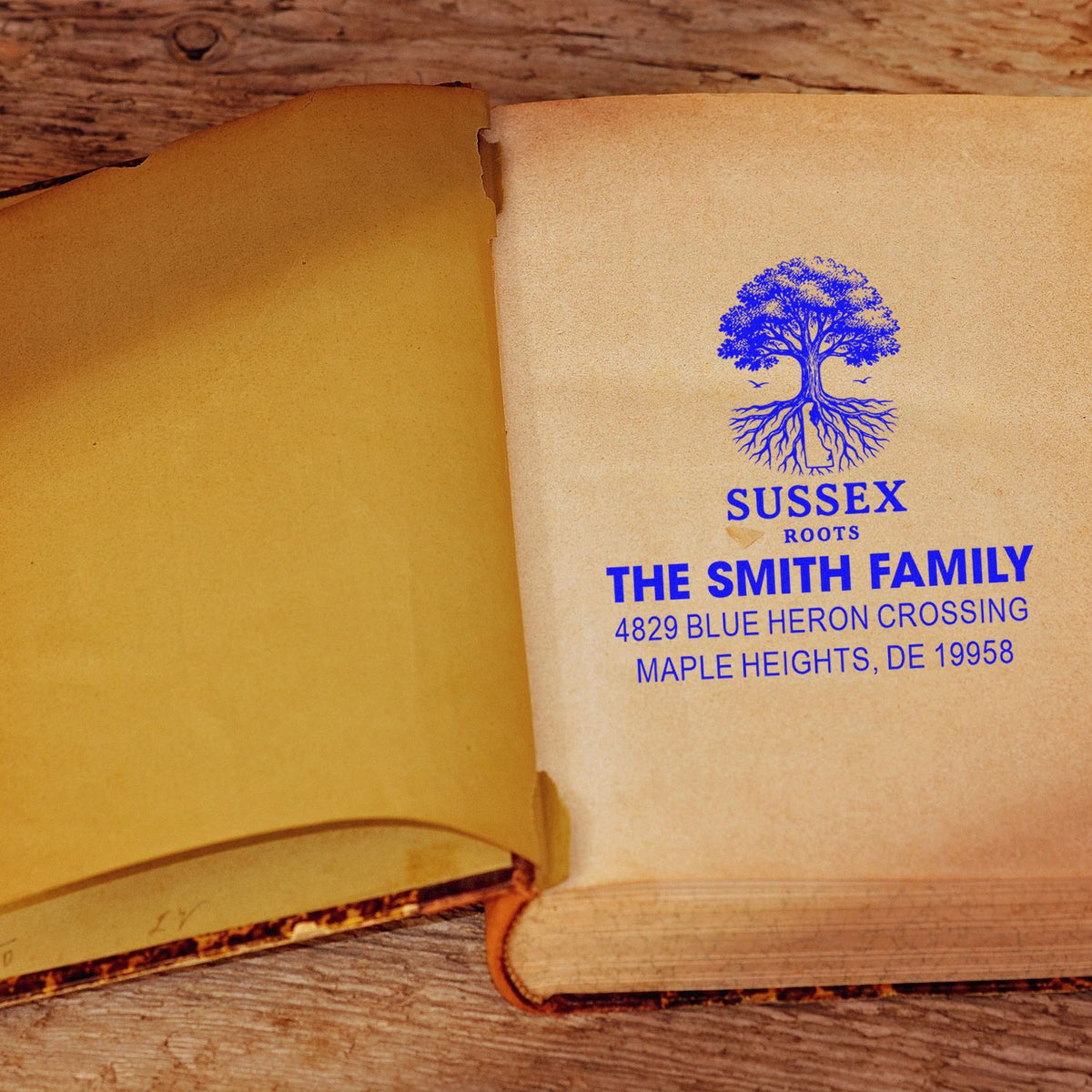 Personalized family rubber stamp in blue ink on an open book page, featuring tree logo, names, and address.