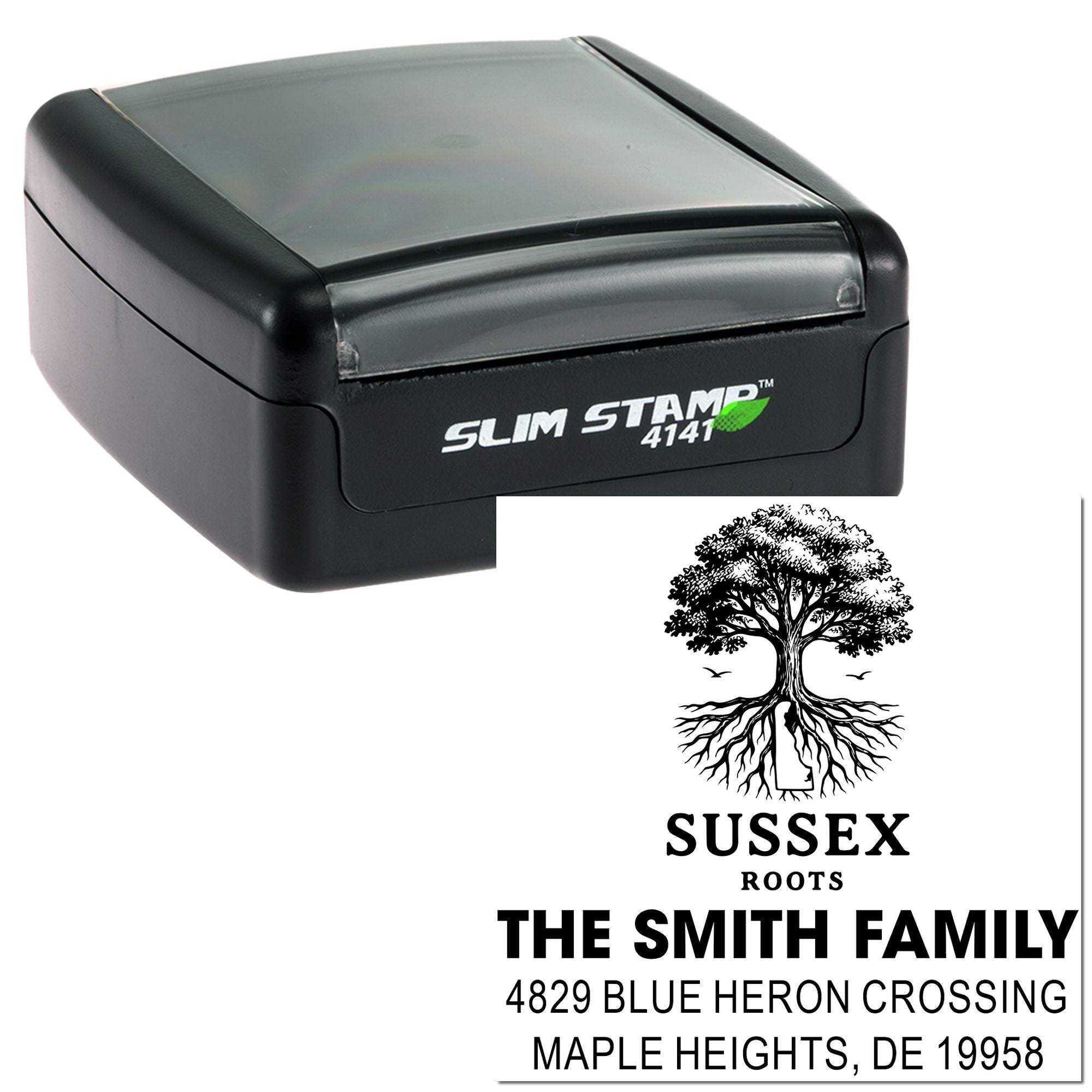 Self-inking Slim Stamp 4141 custom address rubber stamp with family tree logo and return address imprint.