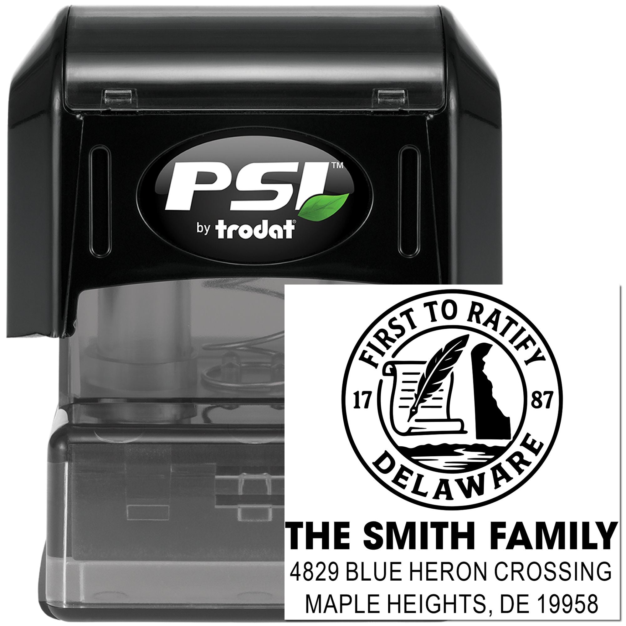 PSI by Trodat self-inking rubber stamp with custom return address and Delaware family seal design