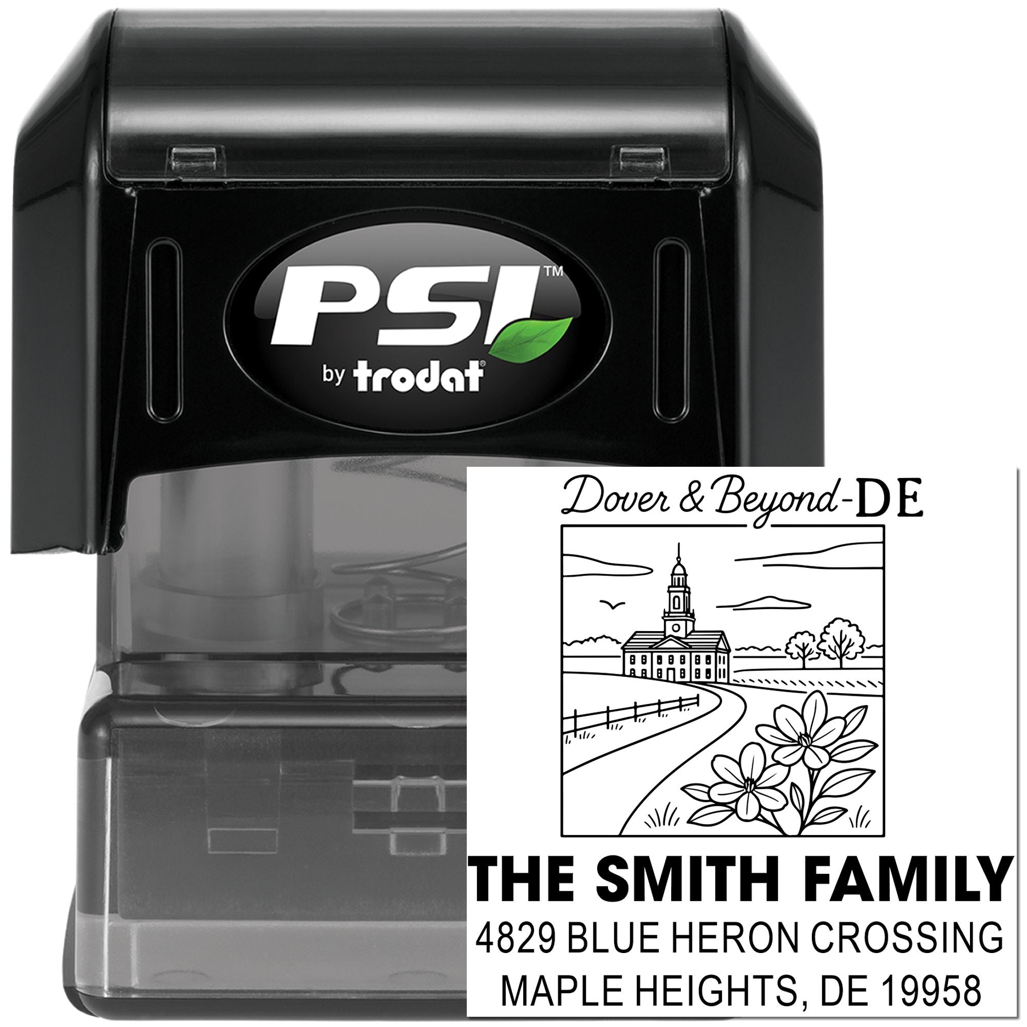 Custom self-inking rubber address stamp, PSI by Trodat, for The Smith Family in Dover & Beyond, DE 19958.
