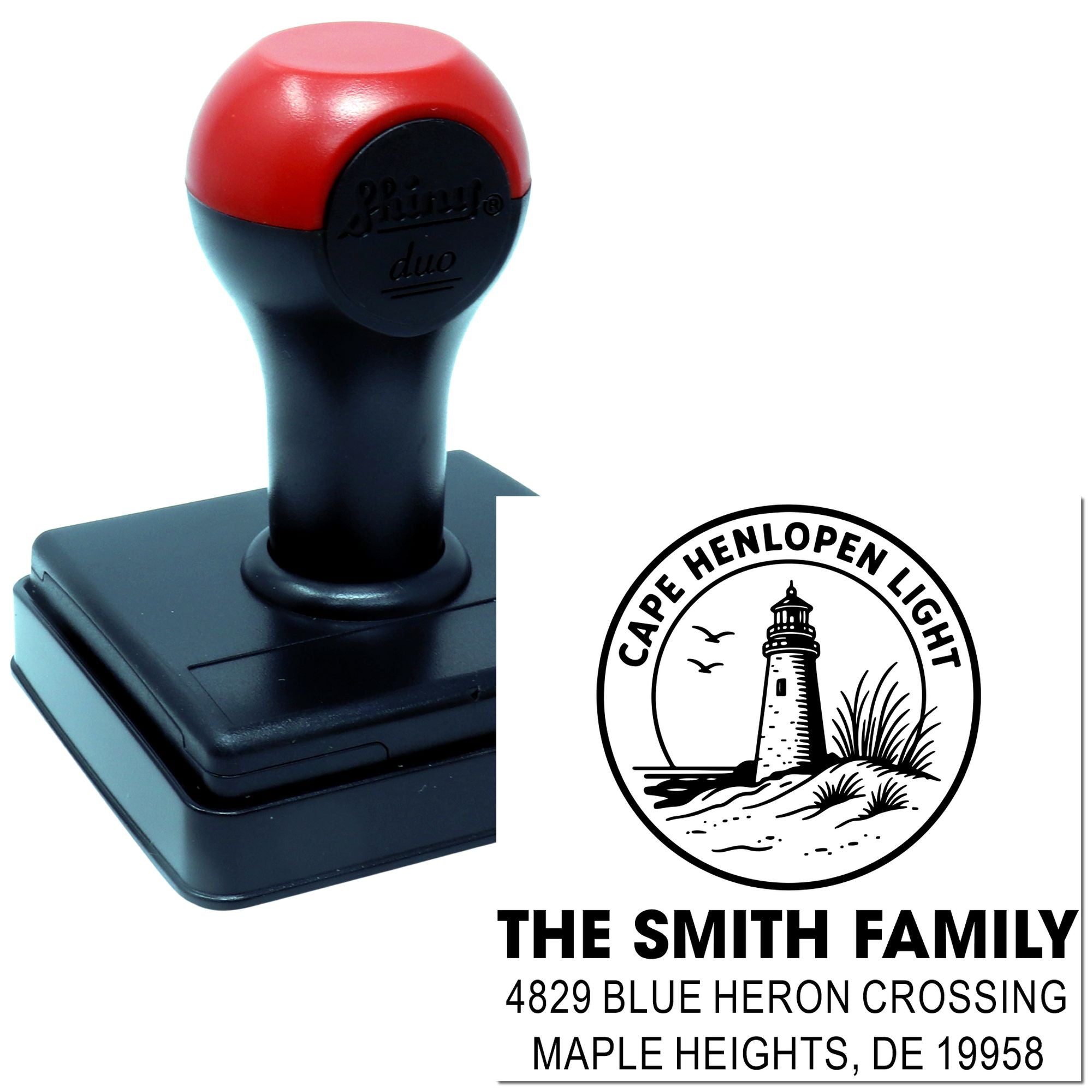 Custom self-inking rubber stamp with Cape Henlopen lighthouse return address design for The Smith Family.
