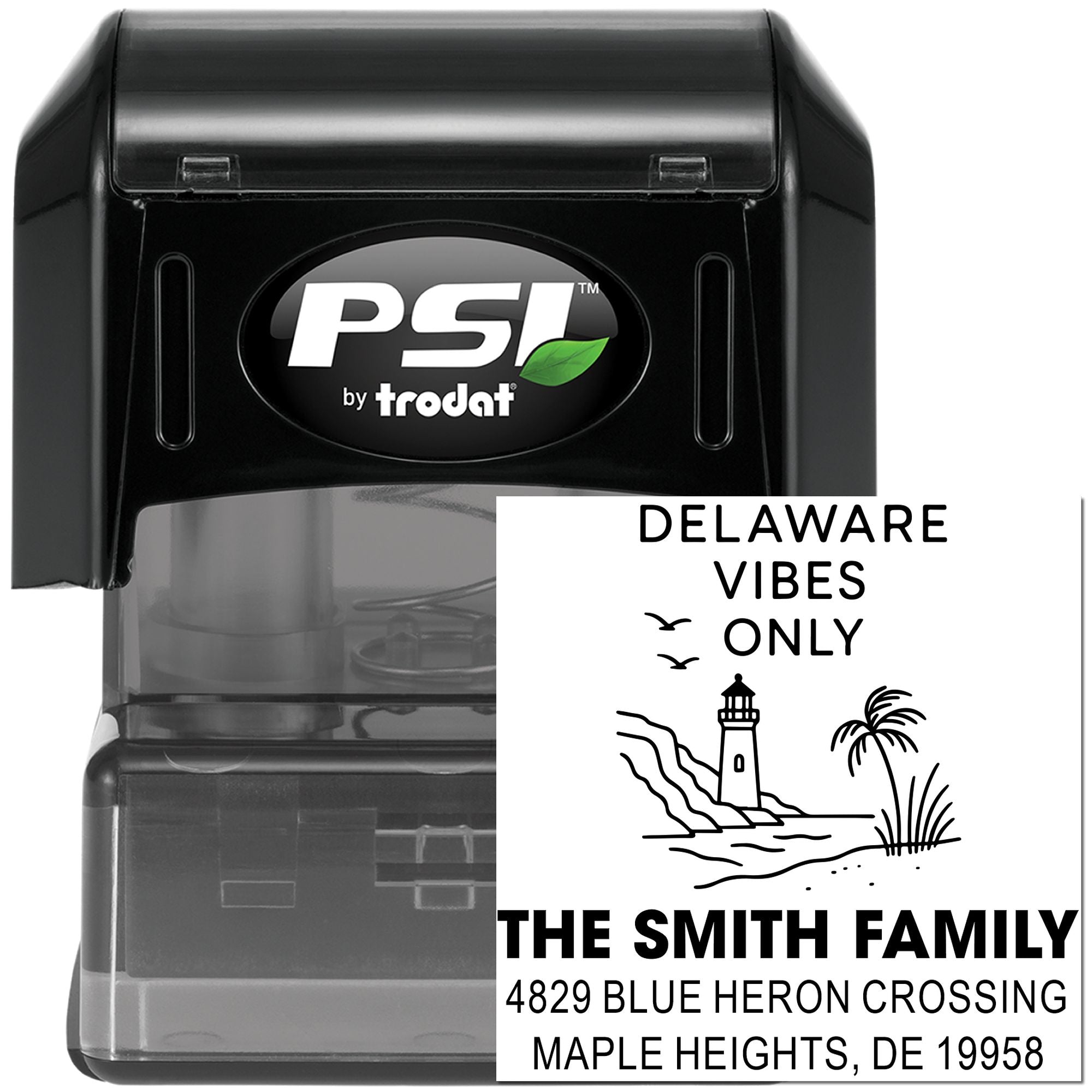 Custom self-inking rubber stamp by PSI Trodat, featuring Delaware Vibes Only family name and address imprint.