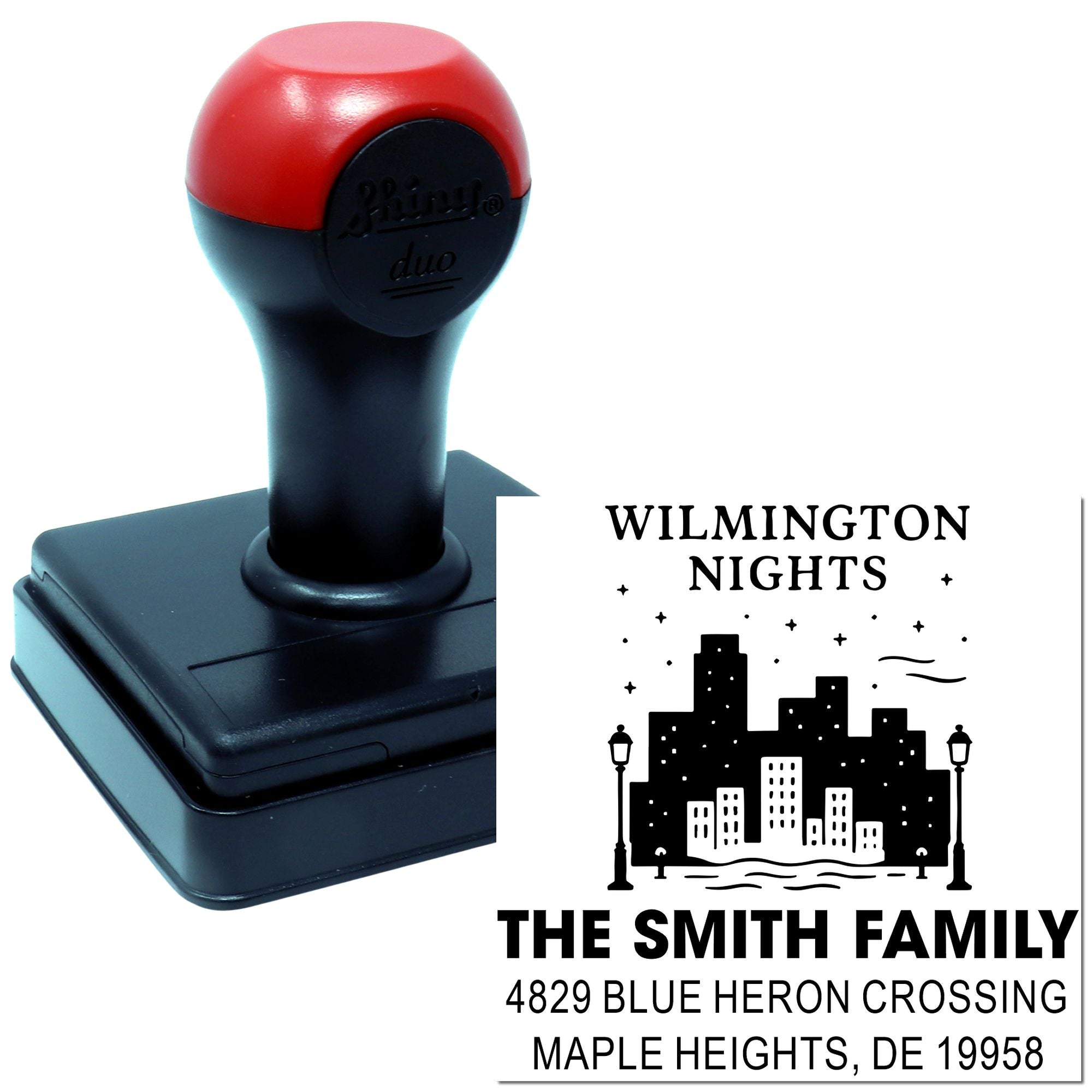 Custom self-inking rubber address stamp with skyline design for The Smith Family, Wilmington Nights, Maple Heights, DE.
