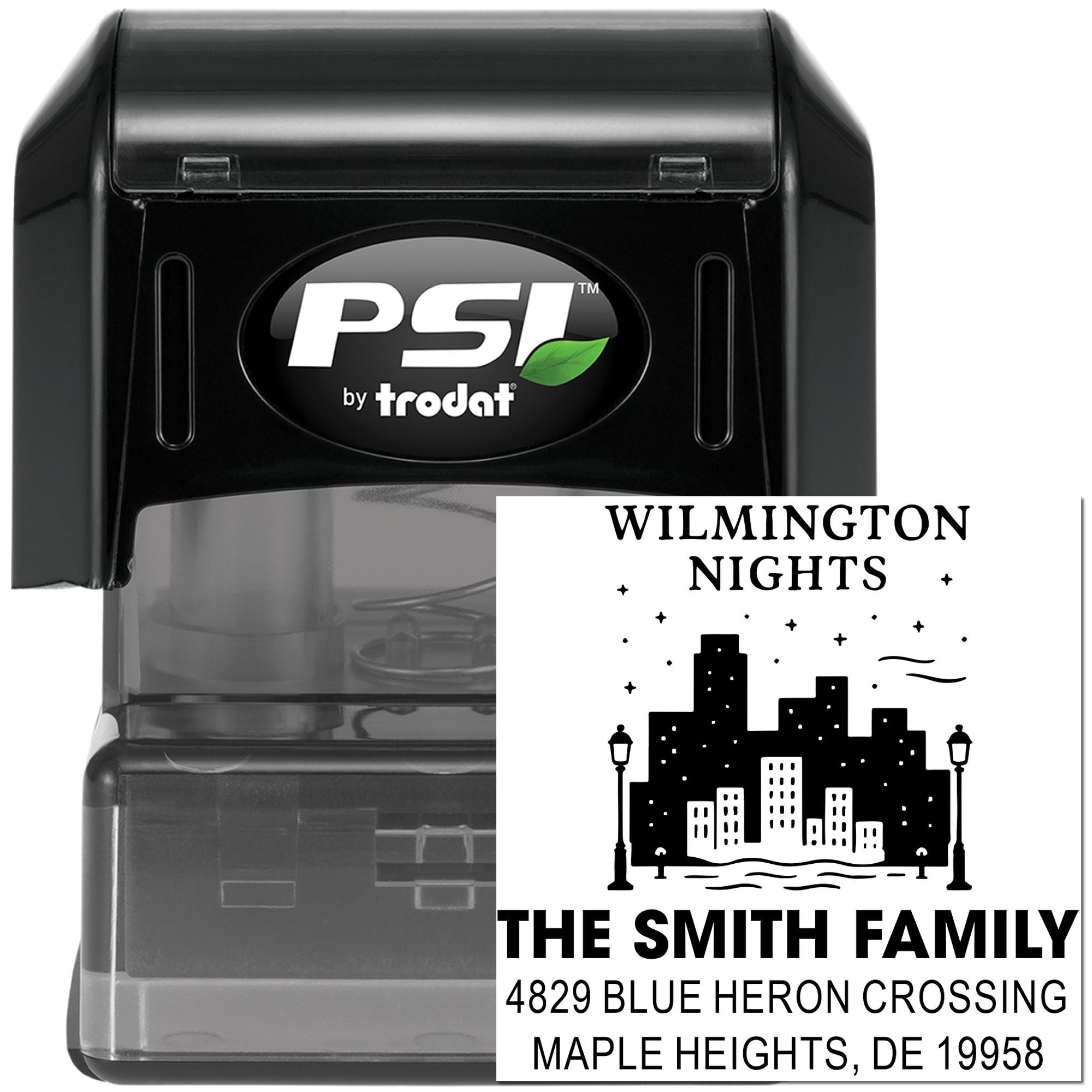PSI by Trodat self-inking rubber stamp with custom personalized address stamp design for family mailings