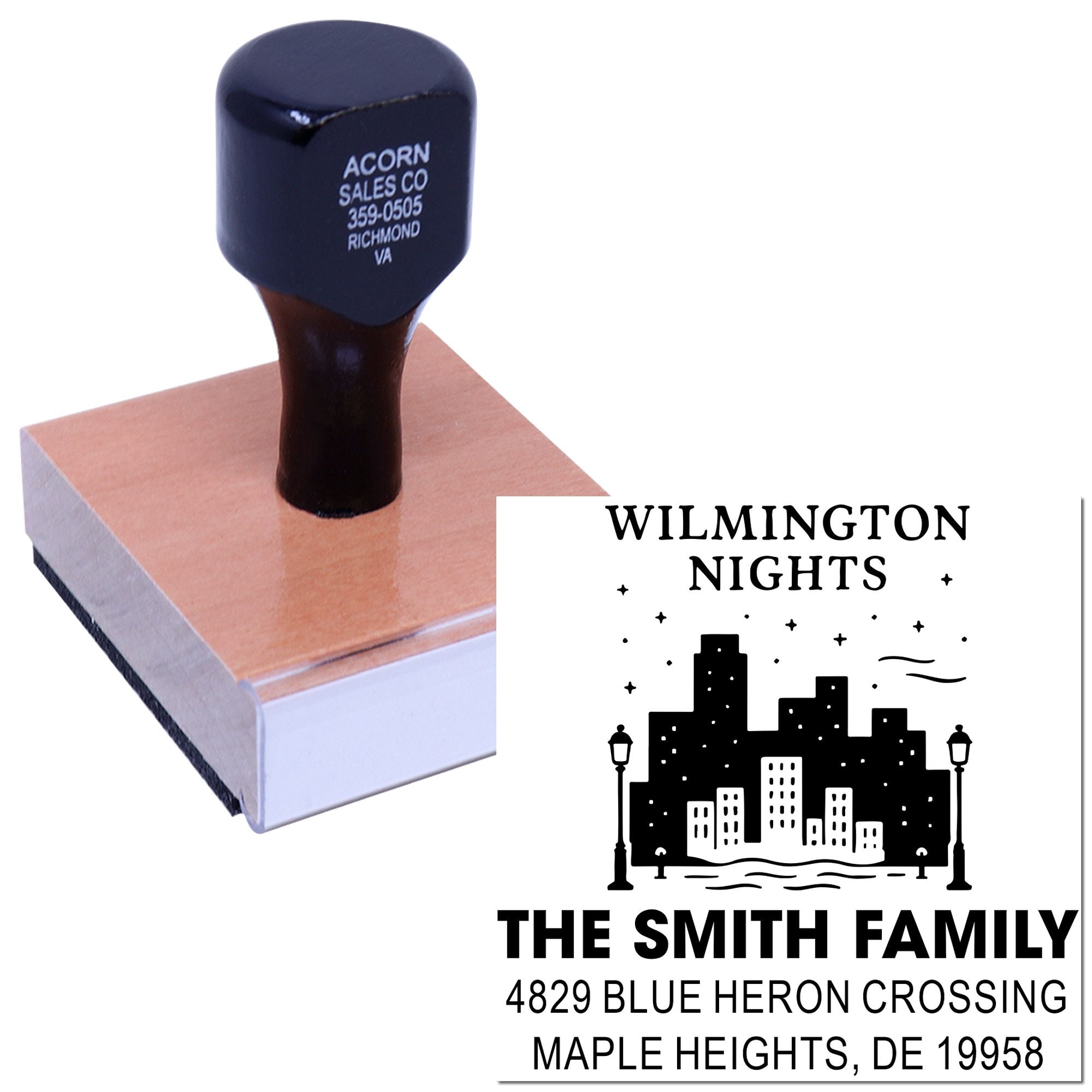 Self-inking custom return address rubber stamp with Wilmington Nights skyline design for The Smith Family.