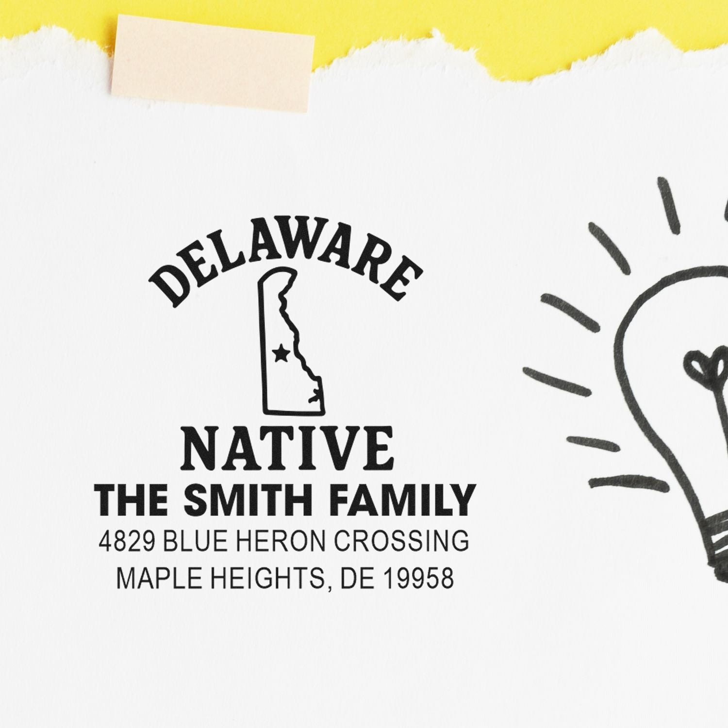 Custom Delaware Native family address rubber stamp with name, street, city, and ZIP code for envelopes and mailings