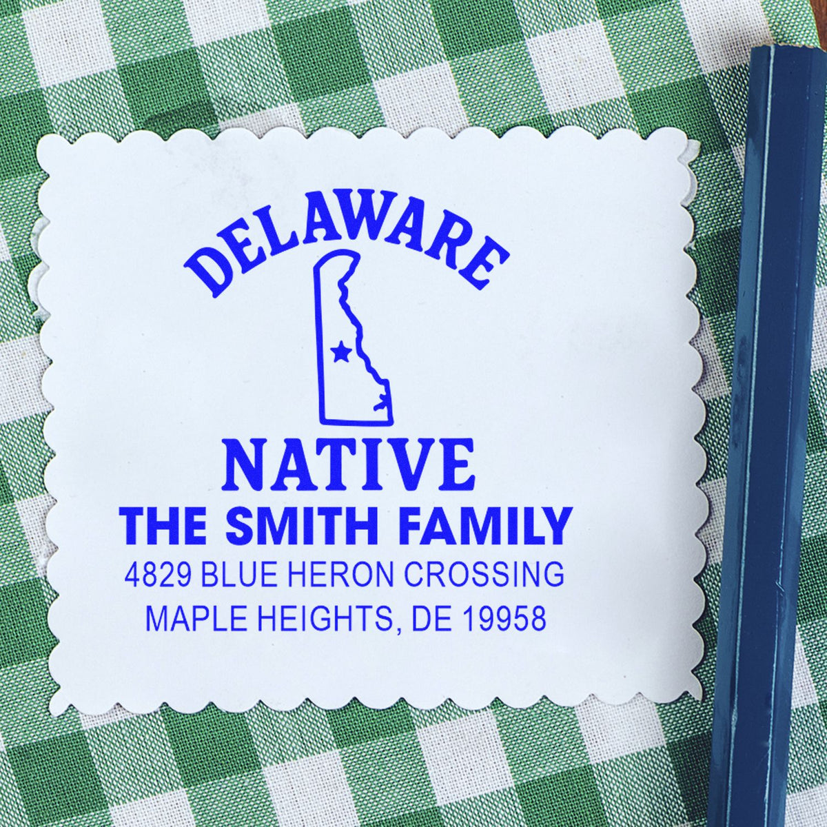 Personalized Delaware Native rubber stamp for The Smith Family return address, Maple Heights, DE 19958.