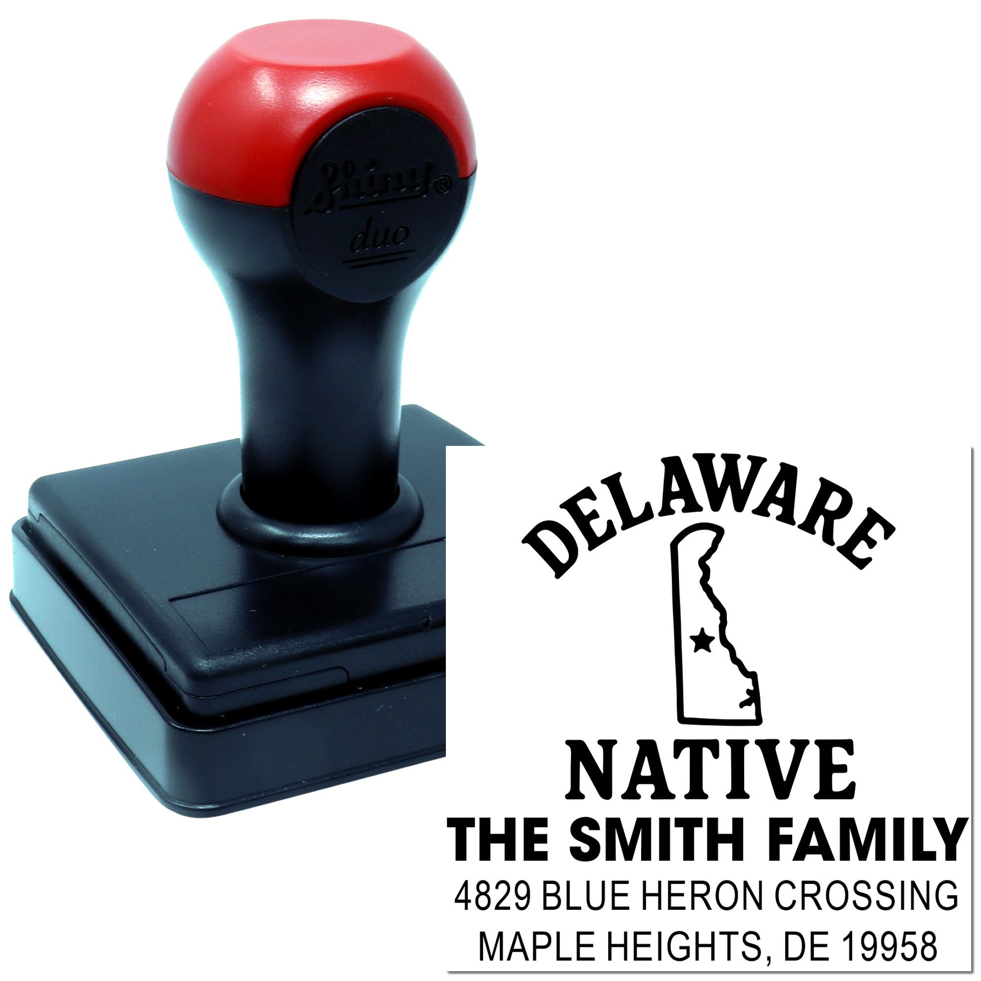 Personalized self-inking Delaware Native rubber address stamp with Smith family name and Maple Heights, DE imprint.