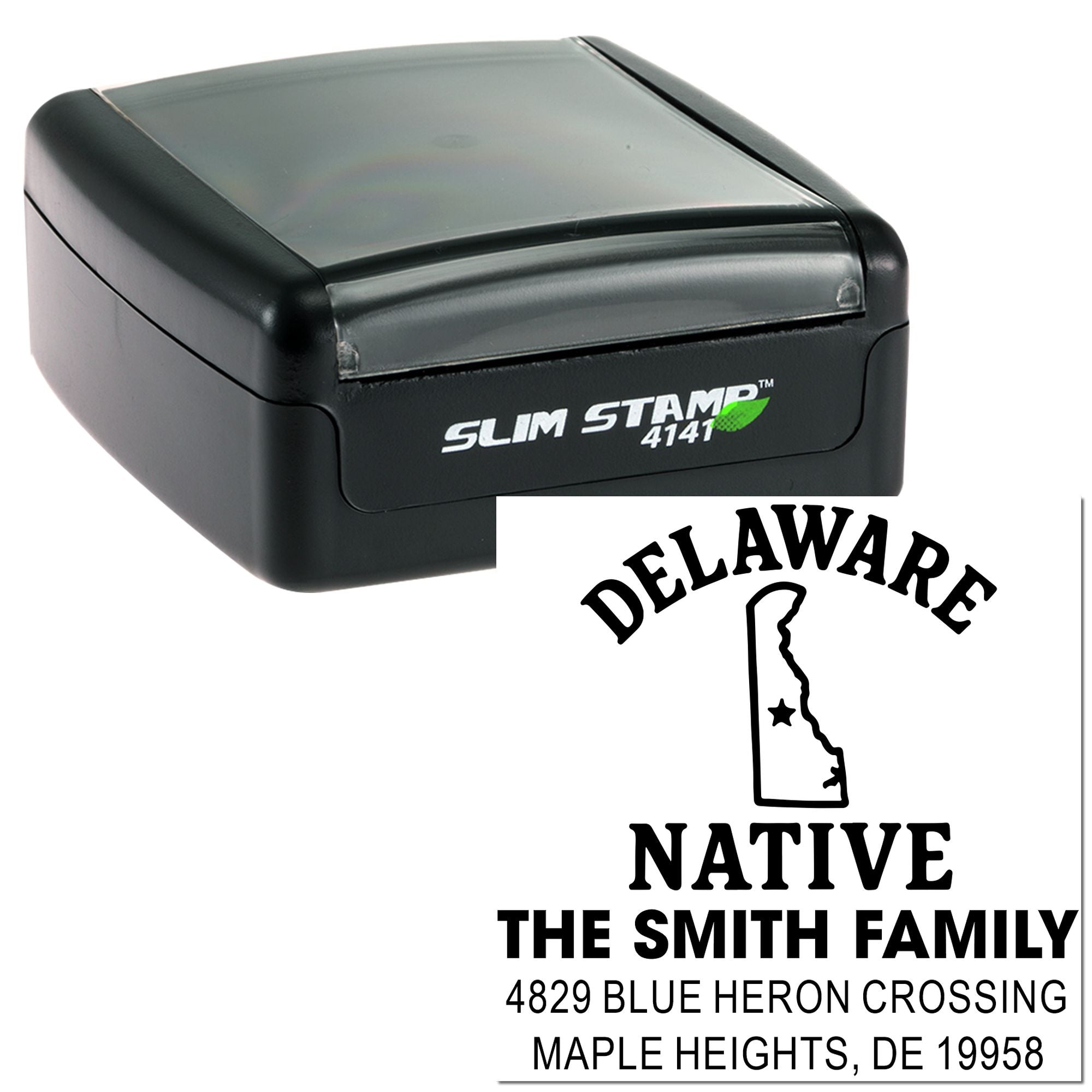 Slim Stamp 4141 self-inking custom address rubber stamp with Delaware Native design for The Smith Family return addresses.