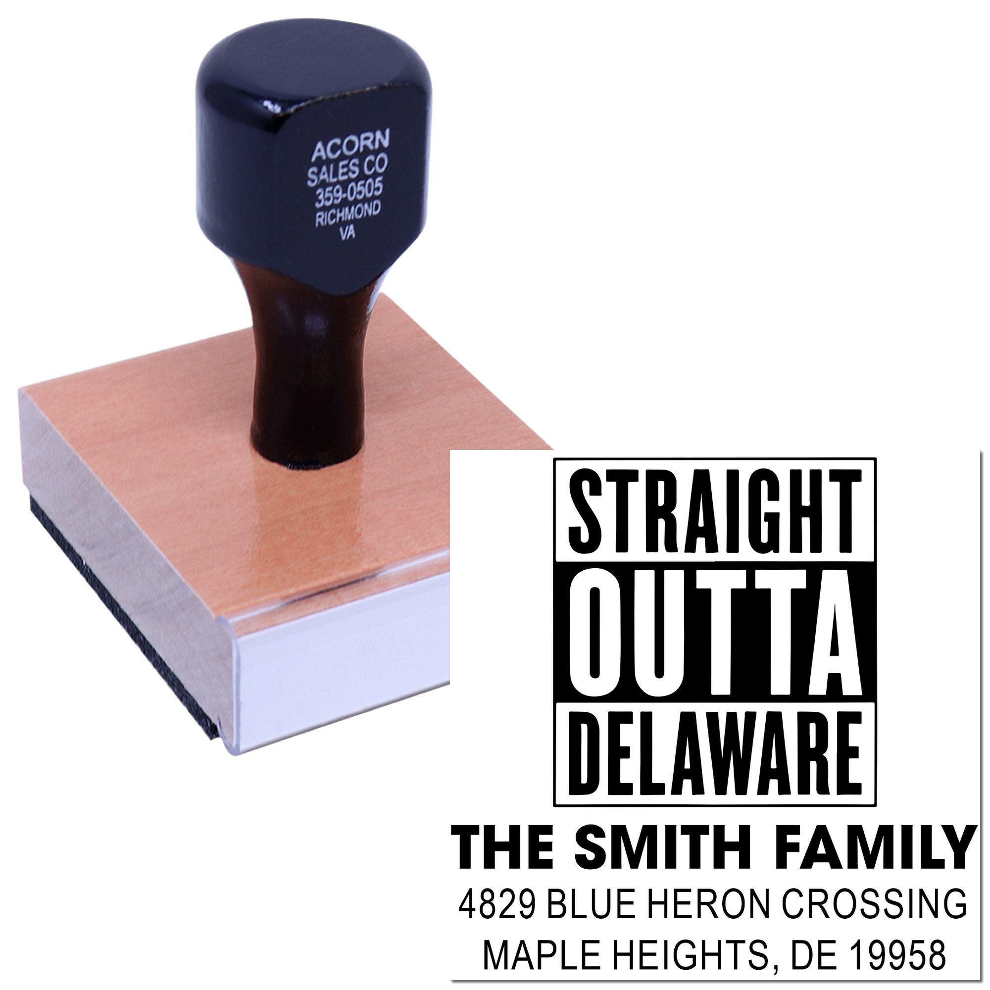 Custom rubber address stamp with Straight Outta Delaware design for The Smith Family, Maple Heights, DE.