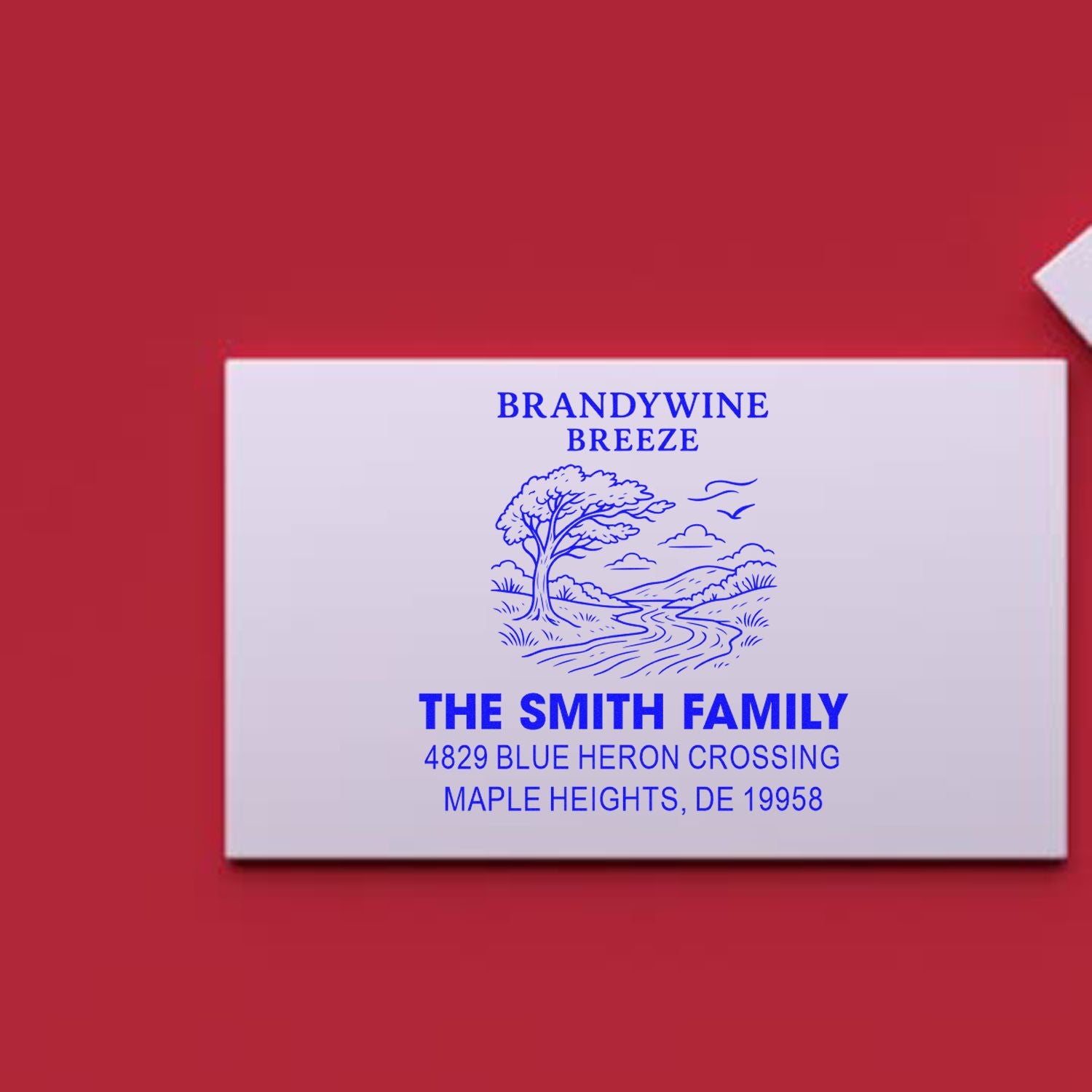 Personalized family address rubber stamp with Brandywine Breeze design for The Smith Family, Maple Heights, DE.