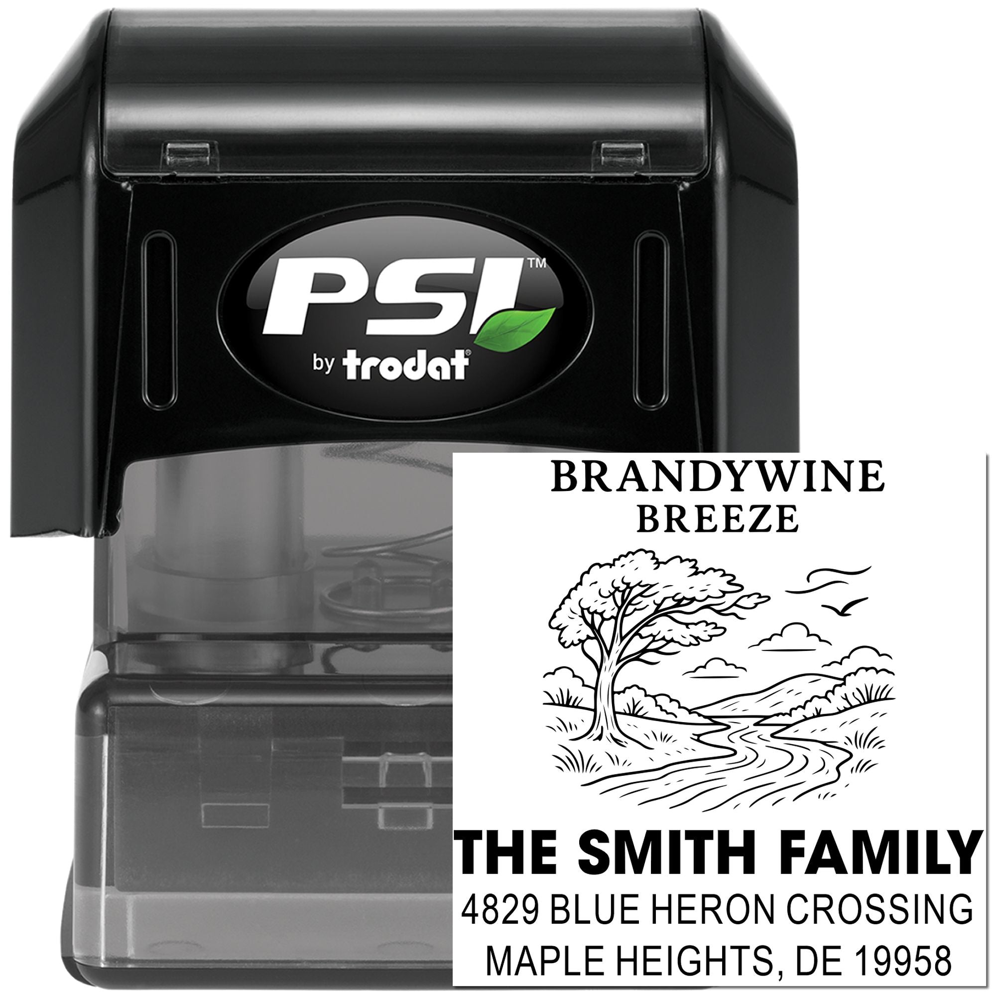 PSI by Trodat custom self-inking rubber address stamp with Brandywine Breeze family return address design.