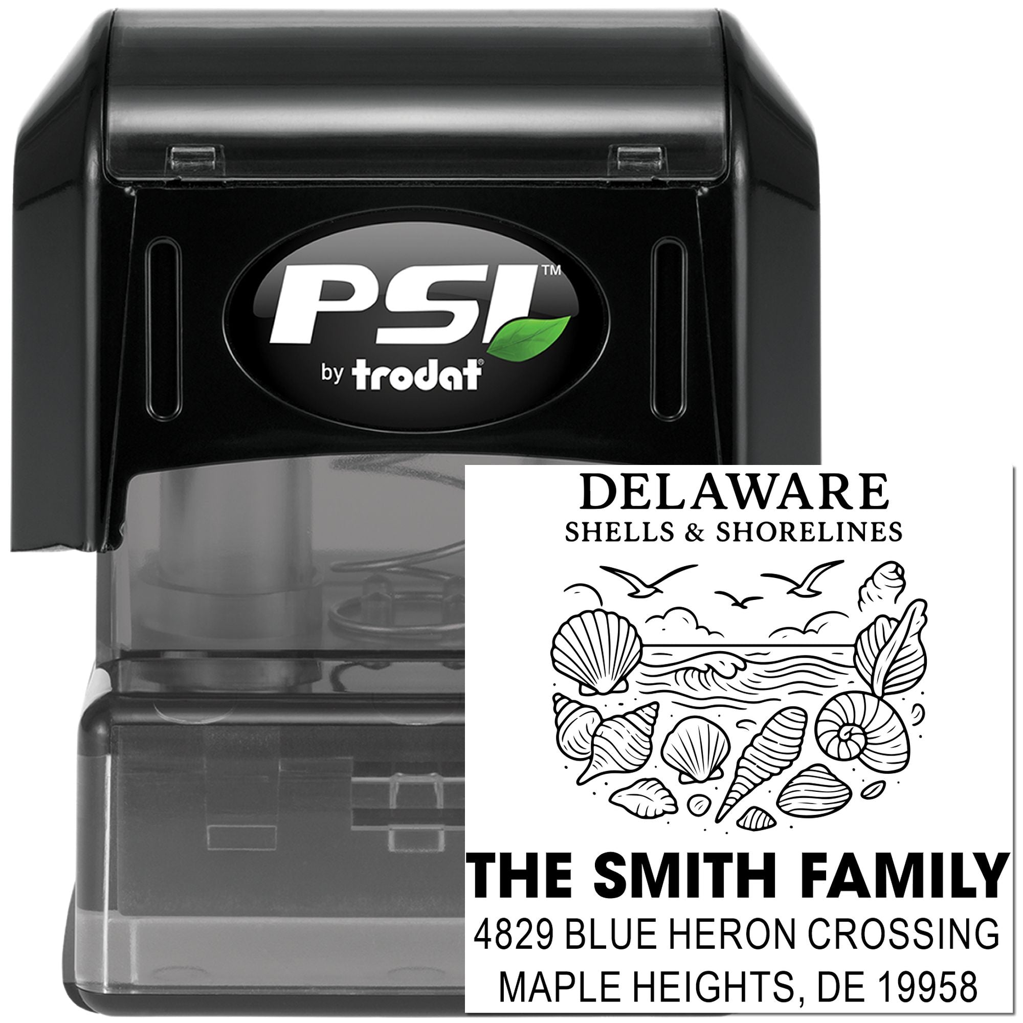 Custom self-inking rubber address stamp with Delaware shells and shoreline design for The Smith Family.