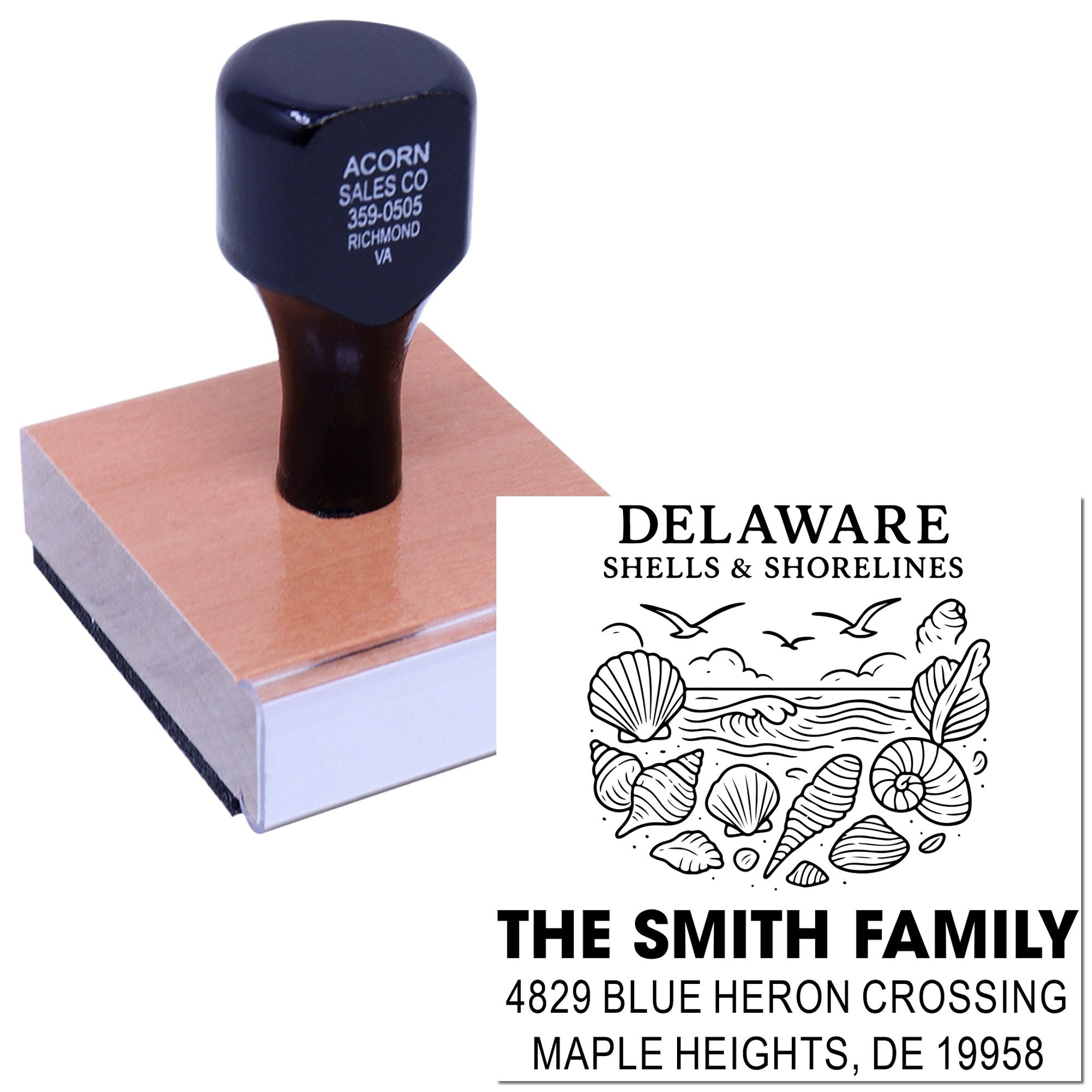 Self-inking custom rubber stamp with Delaware shells and shorelines return address design for personalized family mailing.