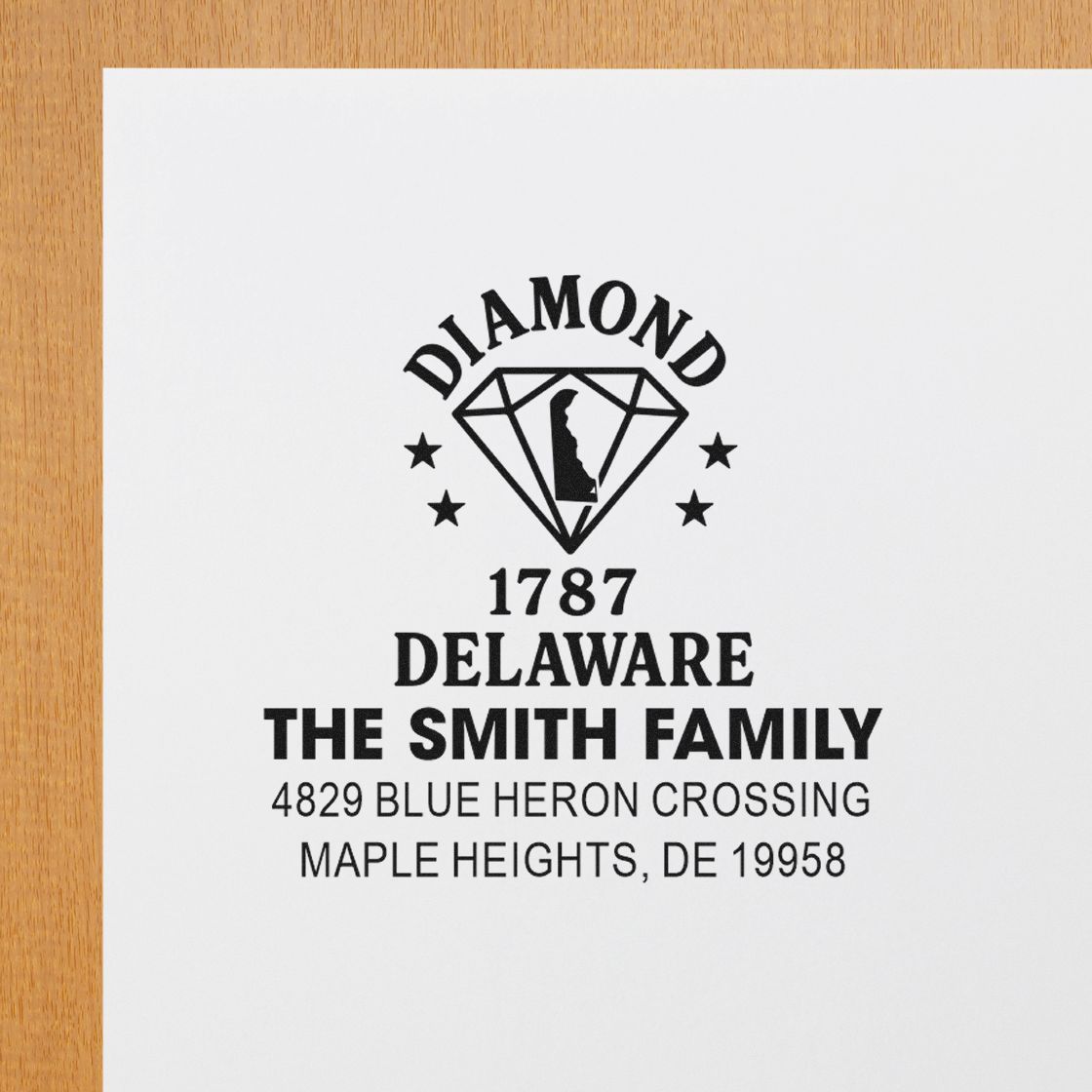 Custom Delaware family address rubber stamp impression for The Smith Family, Maple Heights, DE 19958.