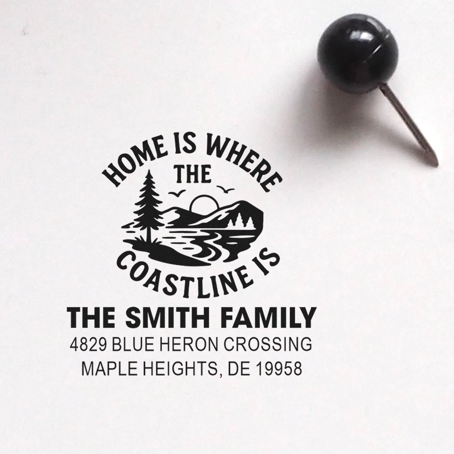 Personalized coastal return address rubber stamp for The Smith Family, featuring Home is where the coastline is design.