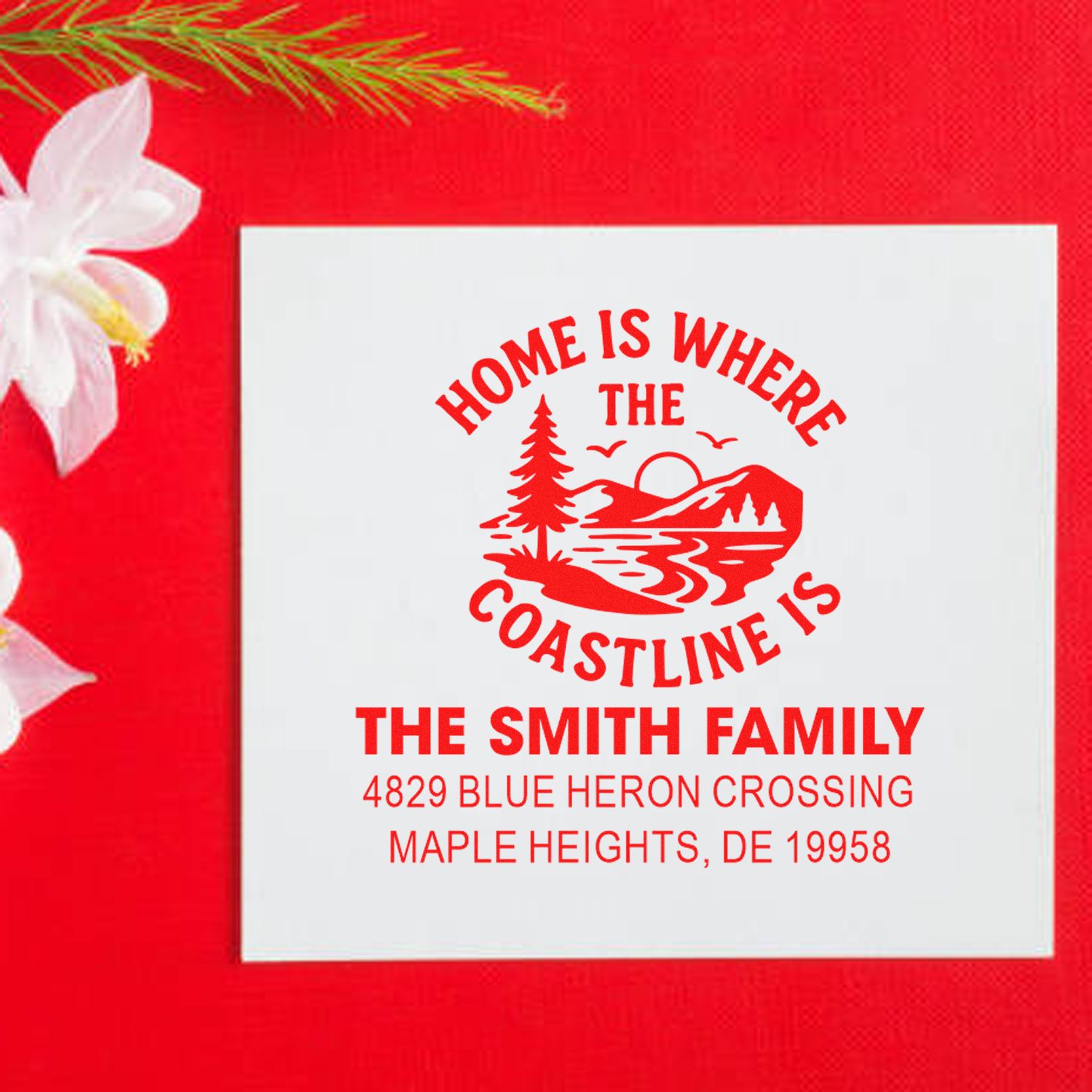 Custom return address rubber stamp with coastal home design for The Smith Family personalized stationery.