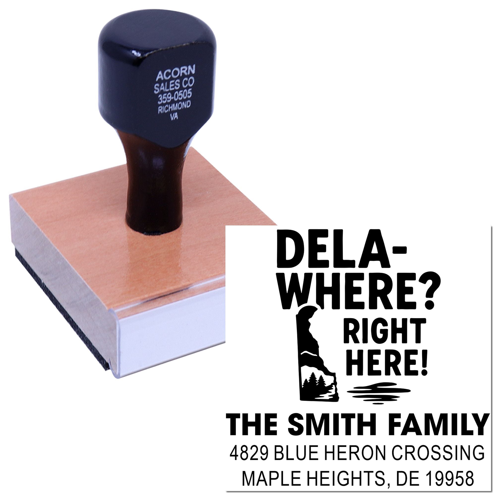 Custom return address rubber stamp with Dela-where? Right Here! and a personalized family address design.