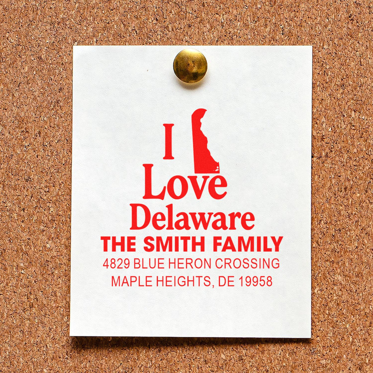 Custom I Love Delaware return address rubber stamp for The Smith Family in Maple Heights, DE.