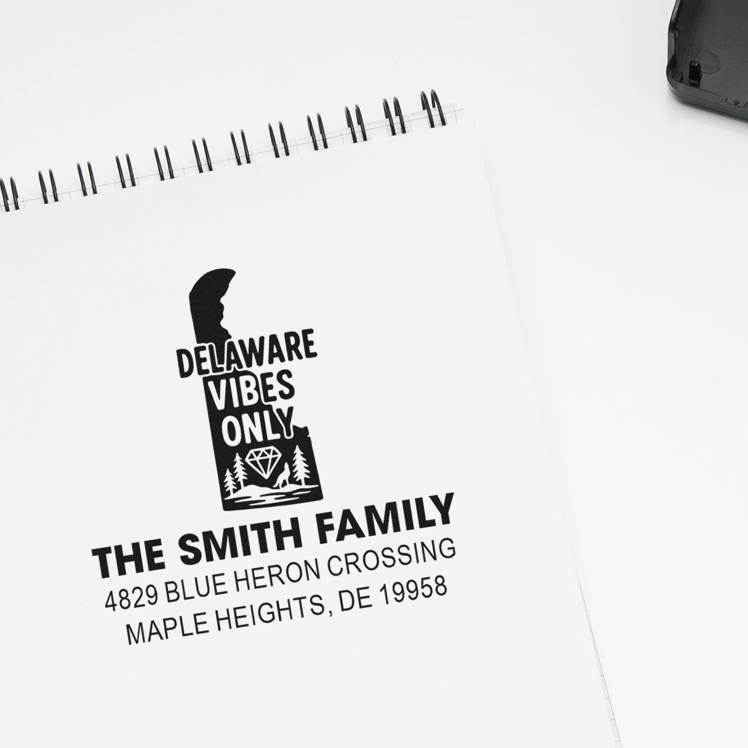 Personalized Delaware Vibes Only rubber stamp for The Smith Family with return address in Maple Heights, DE.