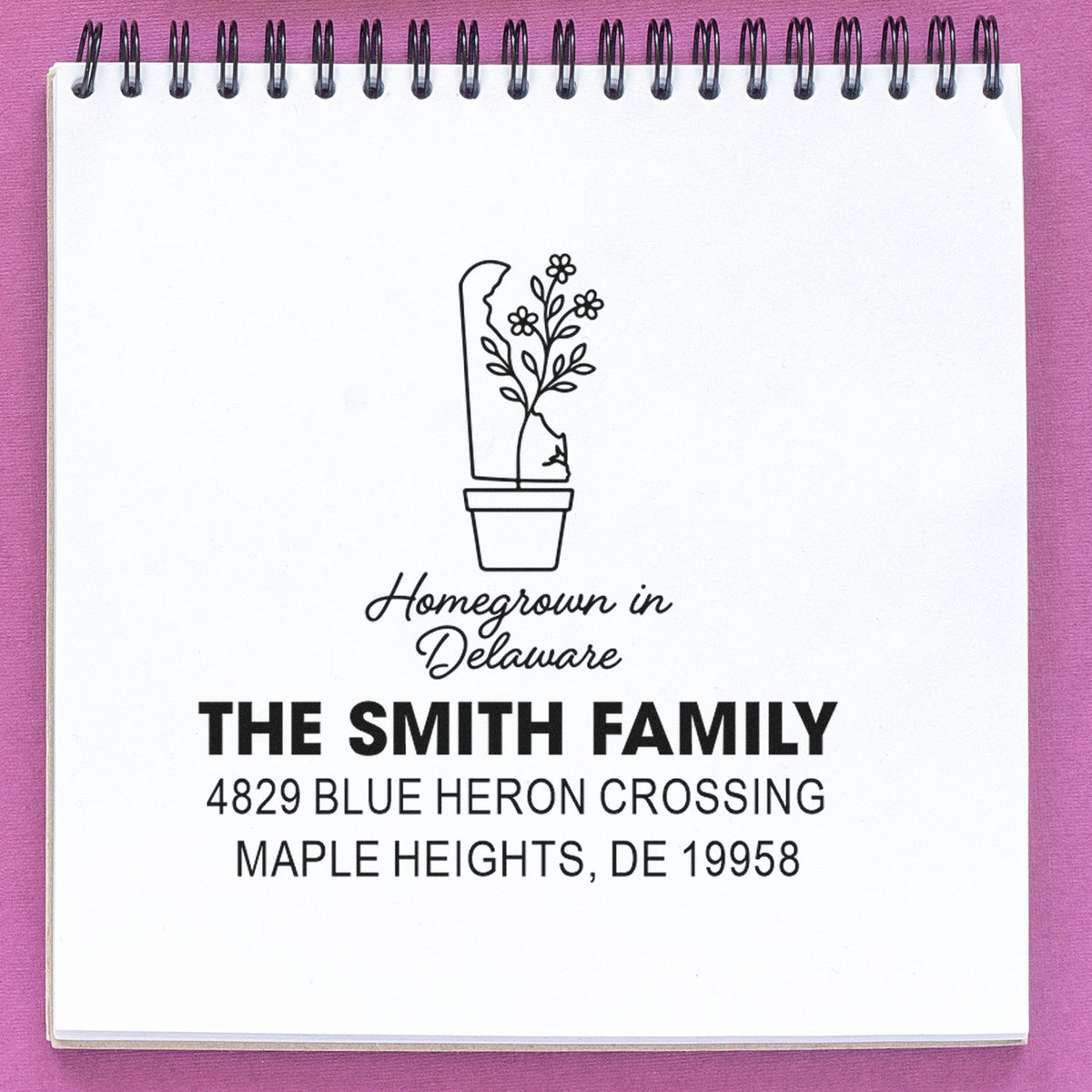Custom return address rubber stamp with Homegrown in Delaware design, family name, street address, and city zip code.