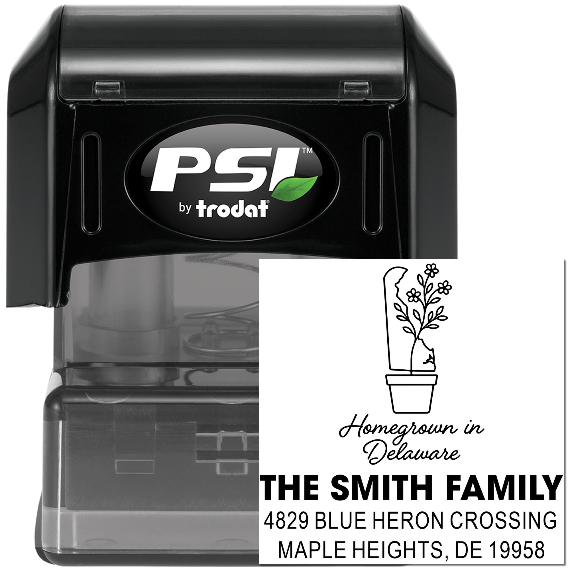 Personalized return address rubber stamp by PSI Trodat with Homegrown in Delaware design for The Smith Family.