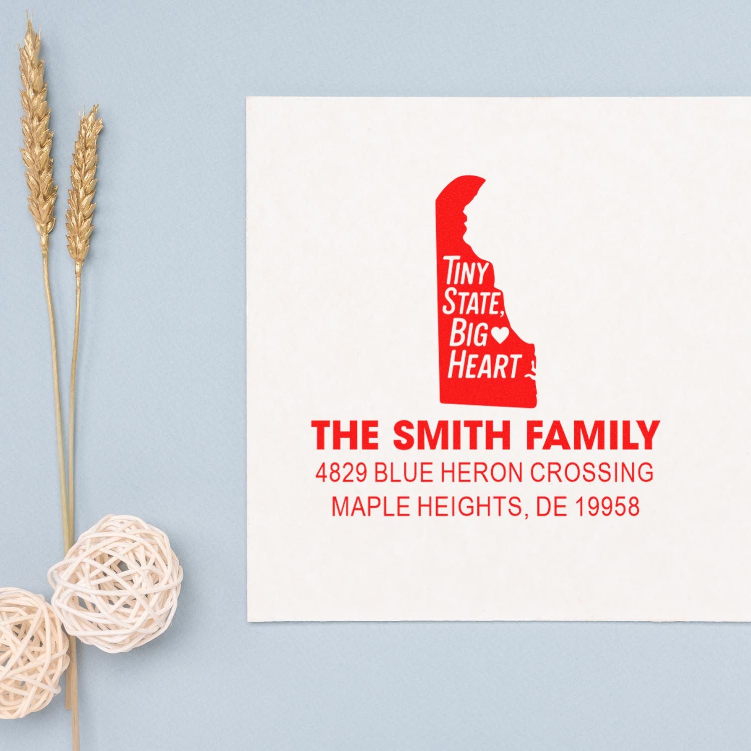Custom Delaware return address rubber stamp with family name, address, and Tiny State, Big Heart state silhouette design.