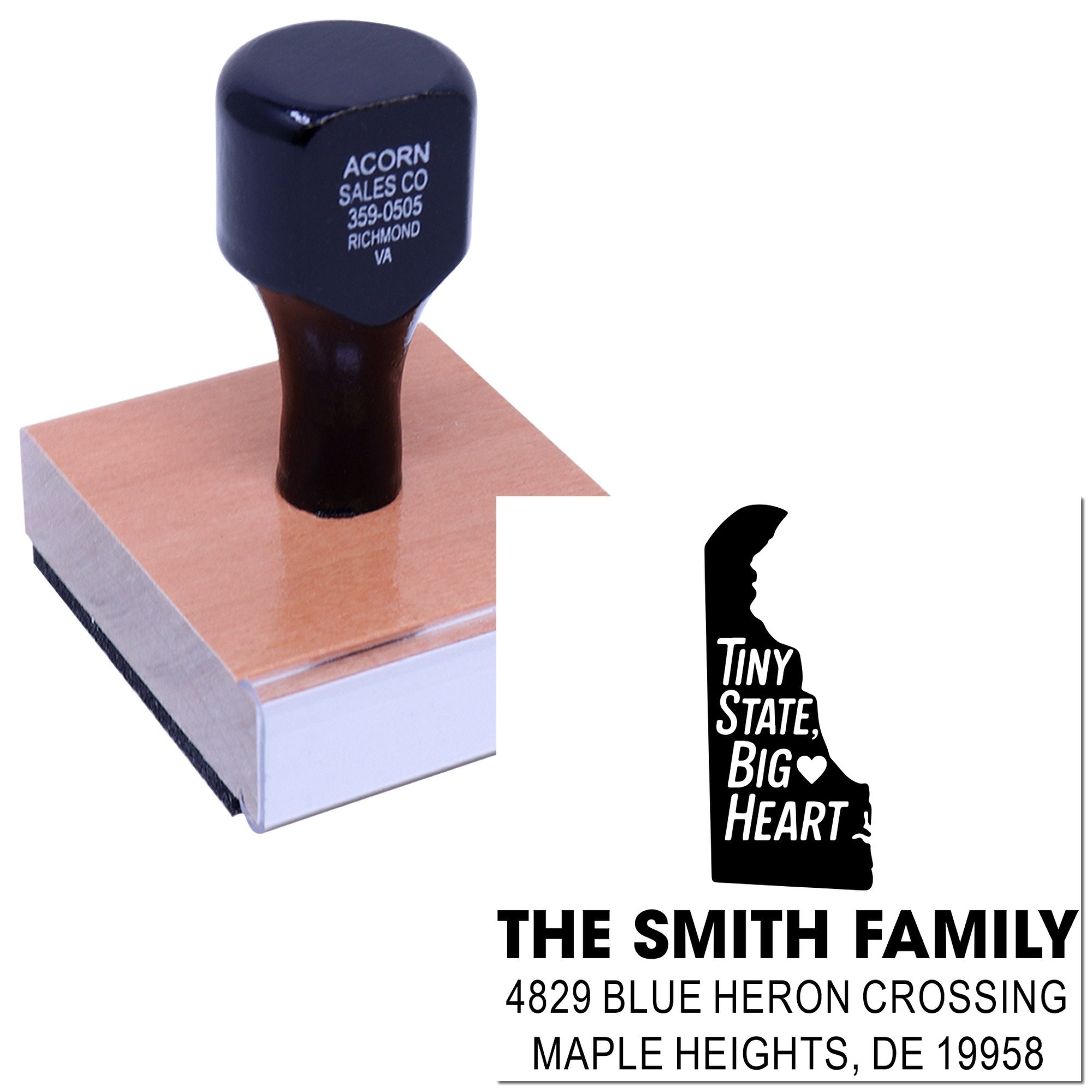Custom rubber stamp with Delaware state design, Smith family name, and address for personalized return address mailing.