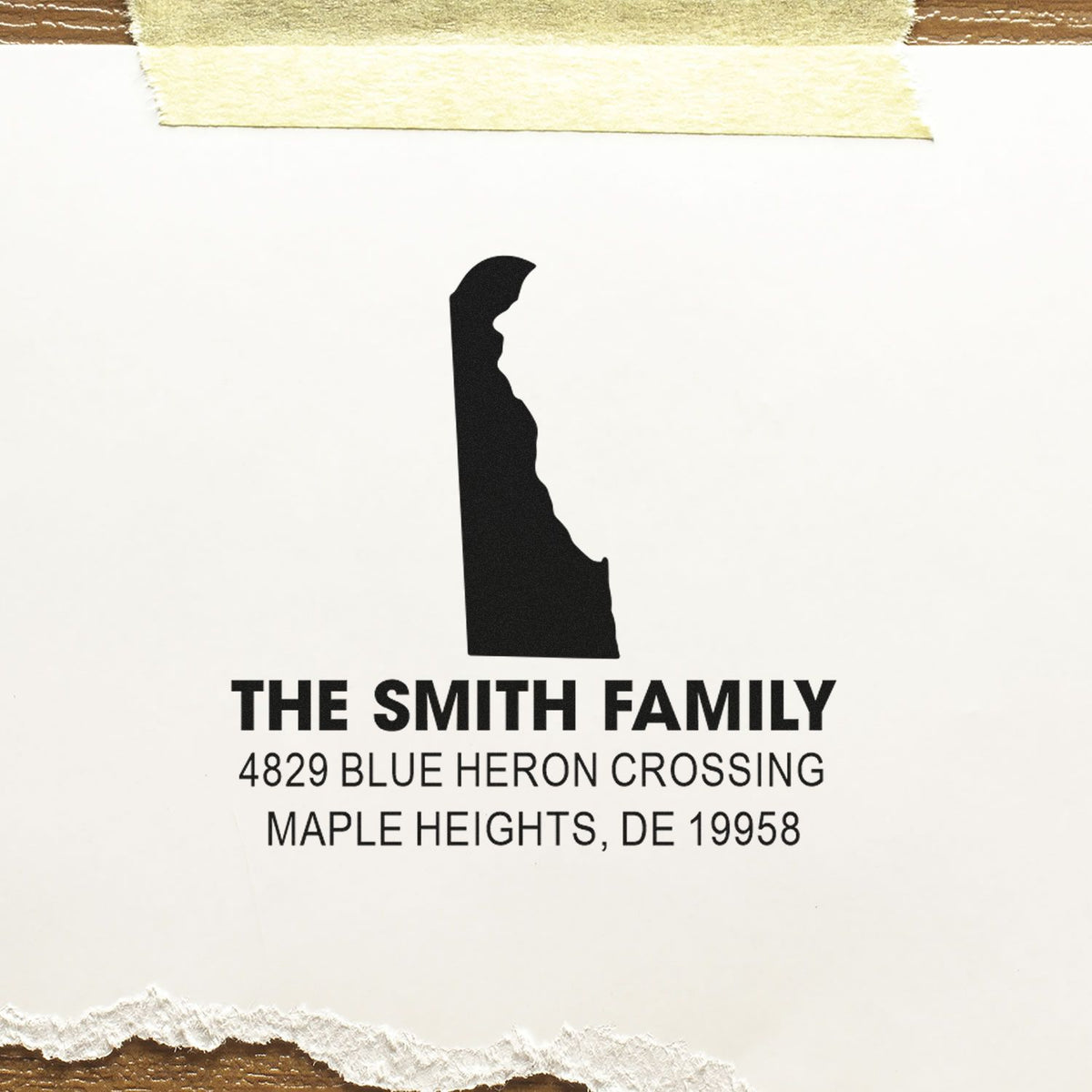 Custom family return address rubber stamp with Delaware silhouette and address for The Smith Family, Maple Heights, DE 19958
