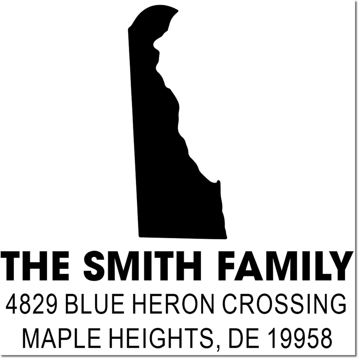 Custom Delaware return address rubber stamp for The Smith Family, 4829 Blue Heron Crossing, Maple Heights, DE 19958