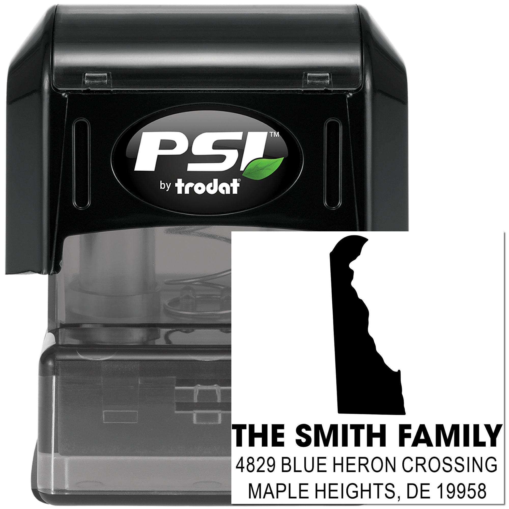 Custom self-inking rubber address stamp by PSI by Trodat with Delaware state silhouette for The Smith Family home address.
