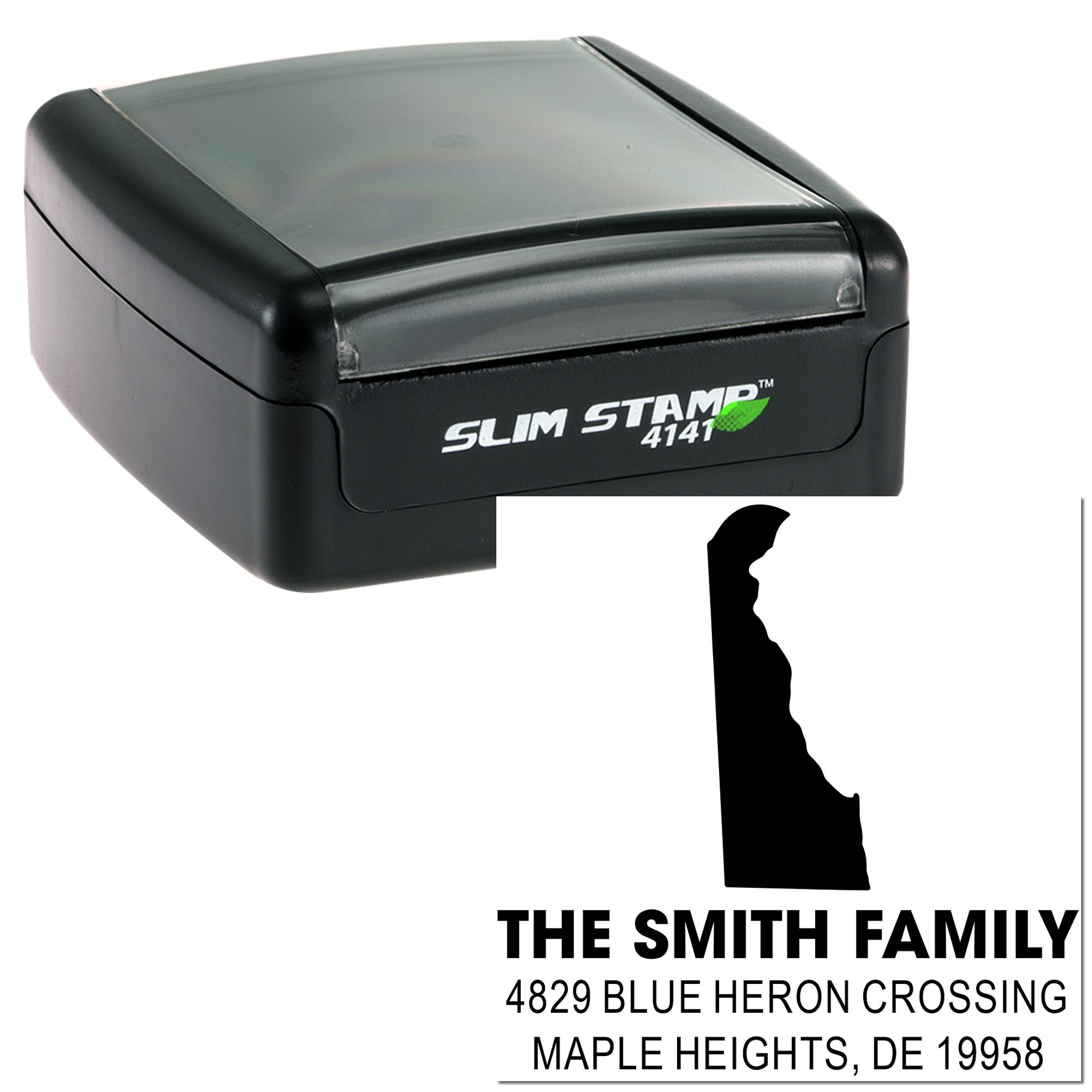 Custom self-inking Slim Stamp 4141 return address rubber stamp with family name, address, and state silhouette design.