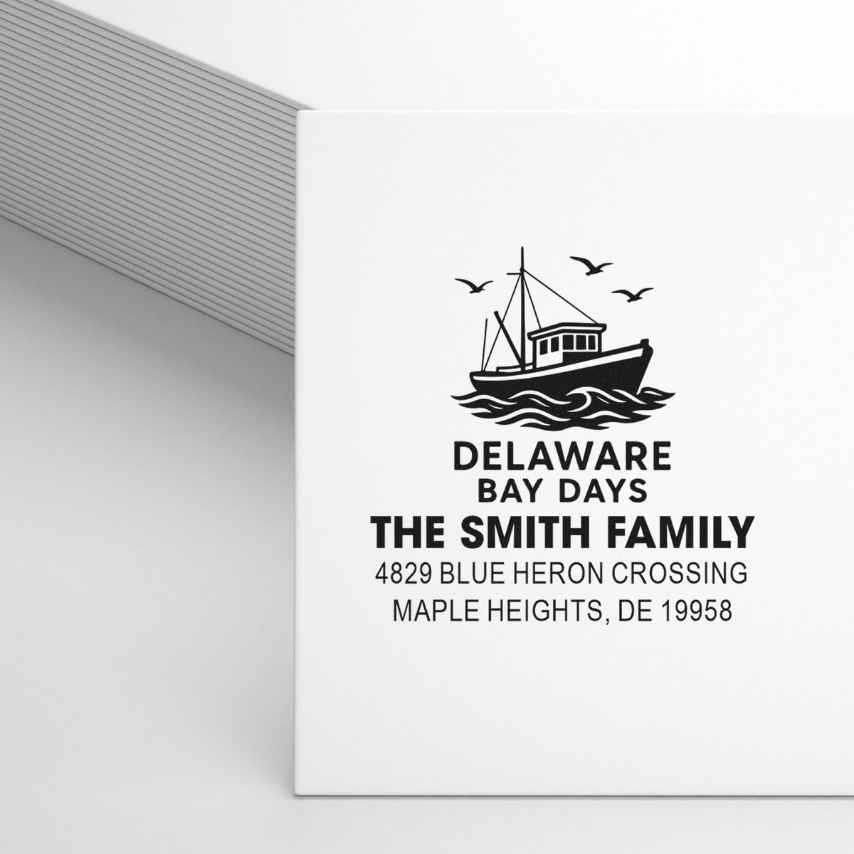 Custom family return address rubber stamp with Delaware Bay Days boat logo, The Smith Family, Maple Heights, DE 19958.