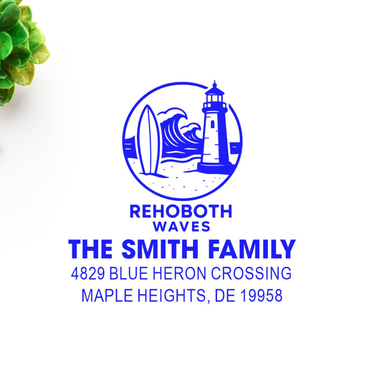 Custom rubber address stamp with lighthouse and surfboard logo for The Smith Family, Rehoboth Waves, Maple Heights, DE.