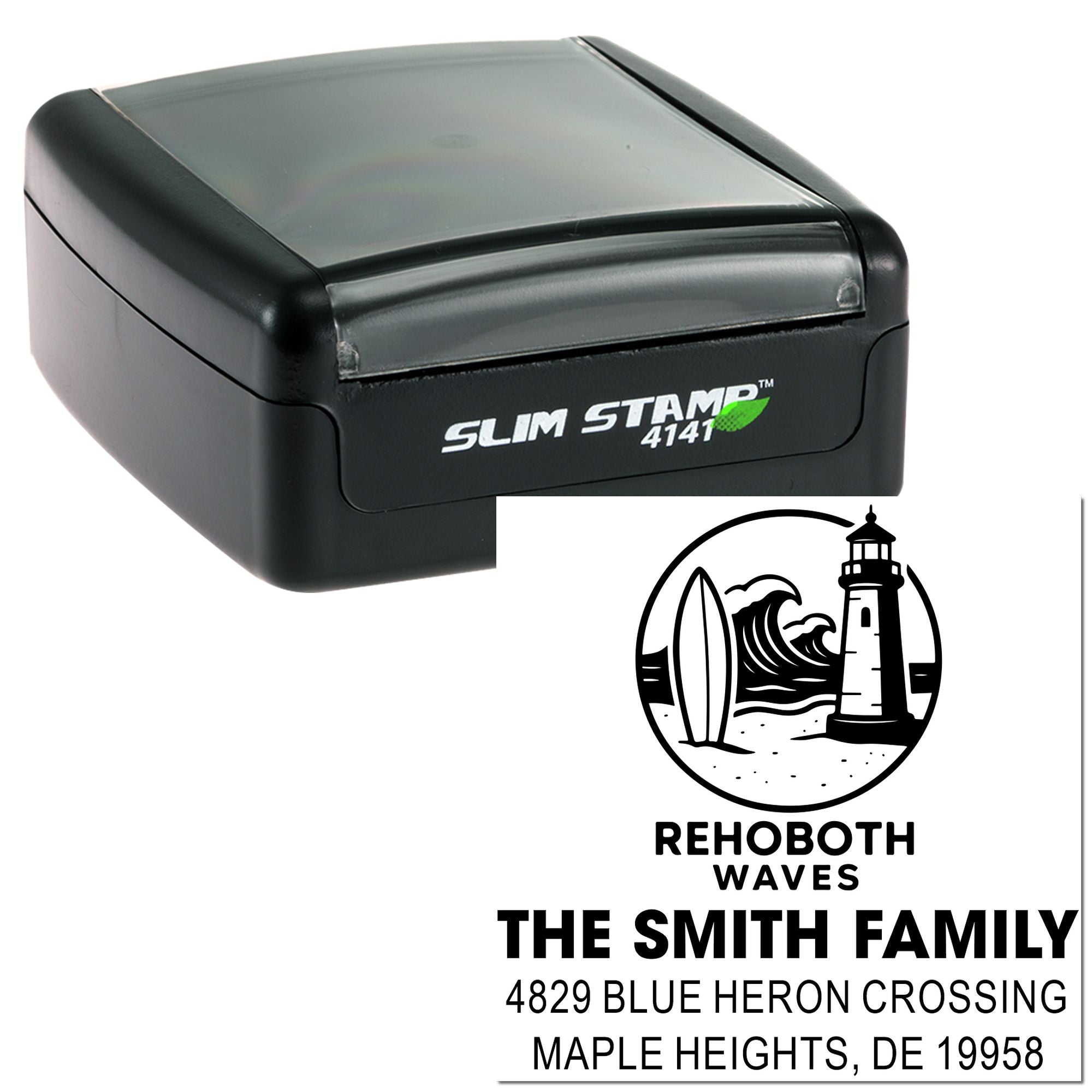 Custom slim rubber stamp with lighthouse logo, The Smith Family return address, Rehoboth Waves, Maple Heights, DE 19958