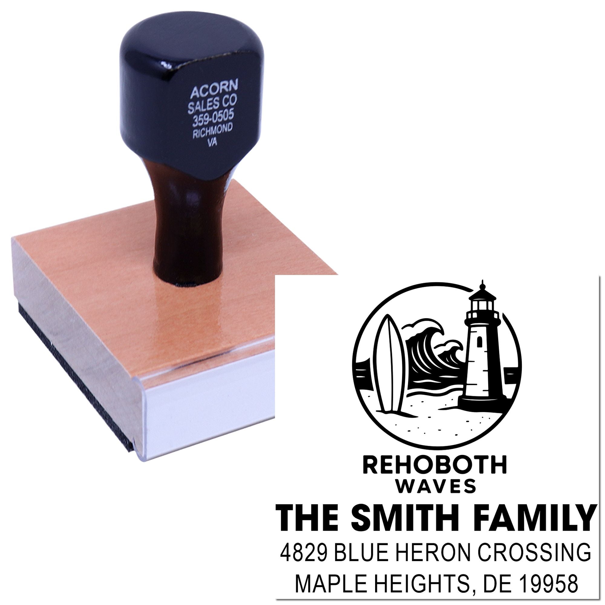 Custom rubber stamp with beach lighthouse logo and family address for Rehoboth Waves, The Smith Family, Maple Heights, DE.
