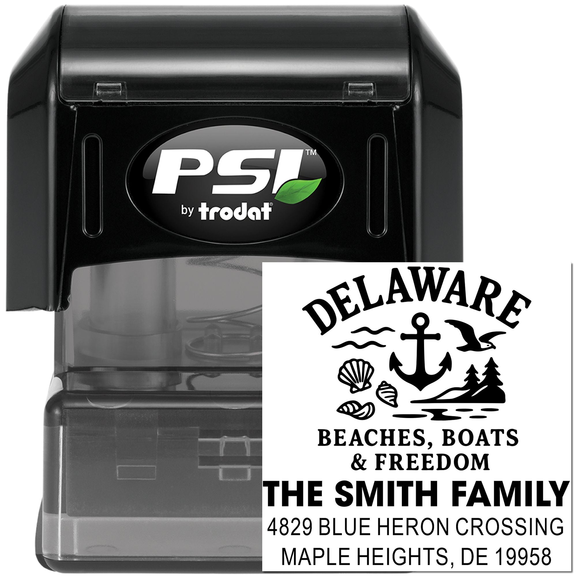 PSI by Trodat self-inking rubber stamp with custom Delaware family address design for personalized mailings