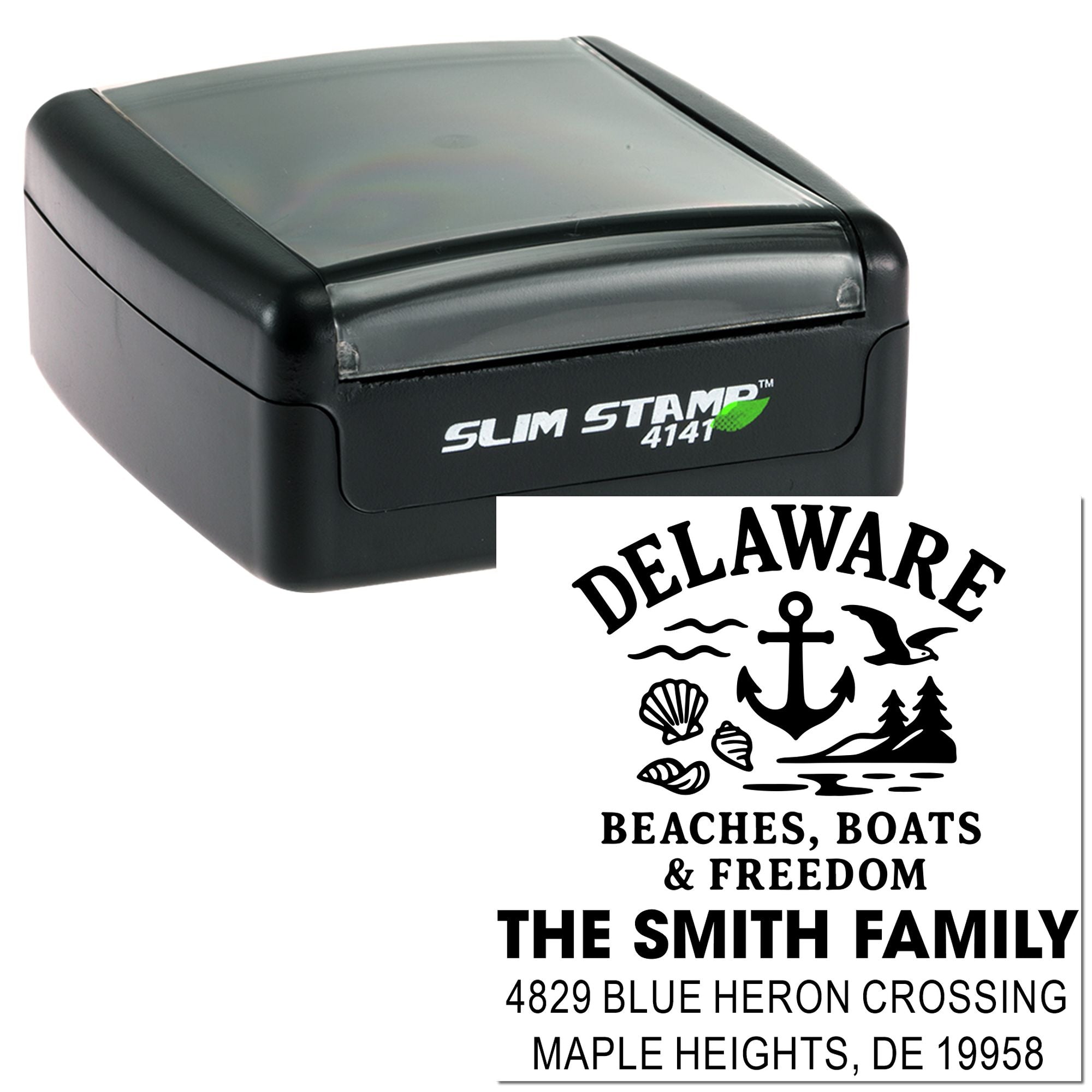 Slim Stamp 4141 custom rubber stamp featuring Delaware beach family address design for personalized mail, stationery, and gifts.