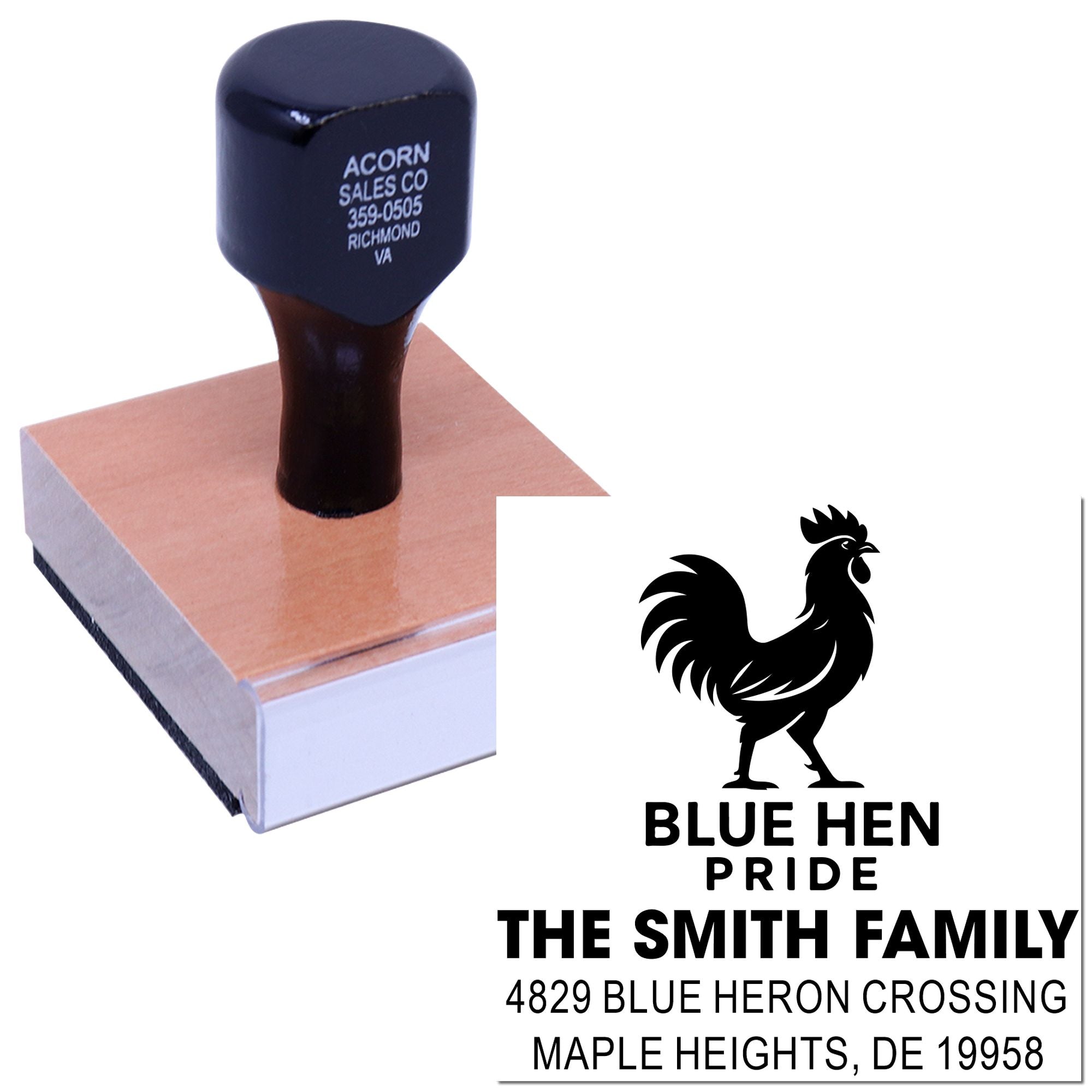 Custom rooster logo address rubber stamp with Blue Hen Pride imprint for The Smith Family