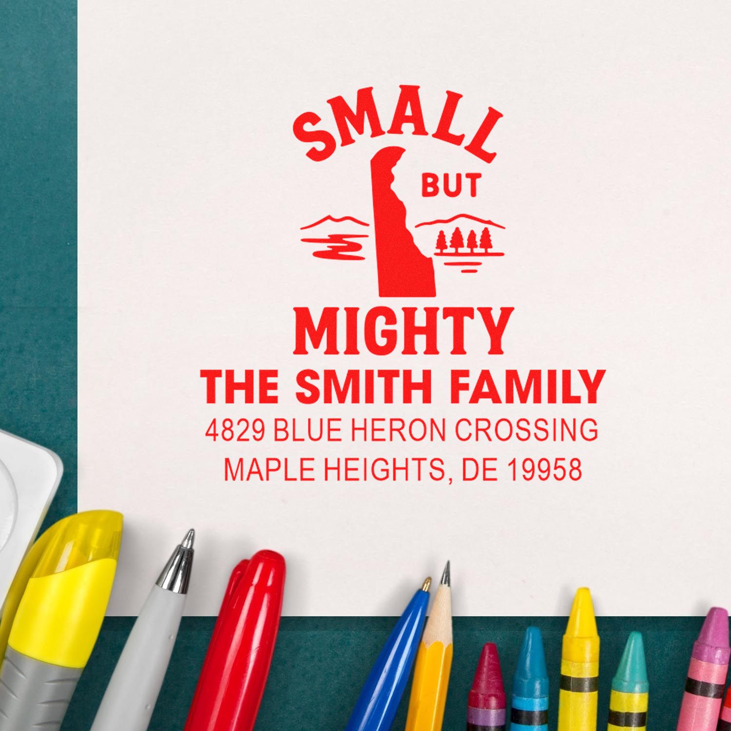 Custom rubber stamp for the Smith family return address, featuring a Small but Mighty personalized imprint for mailings.