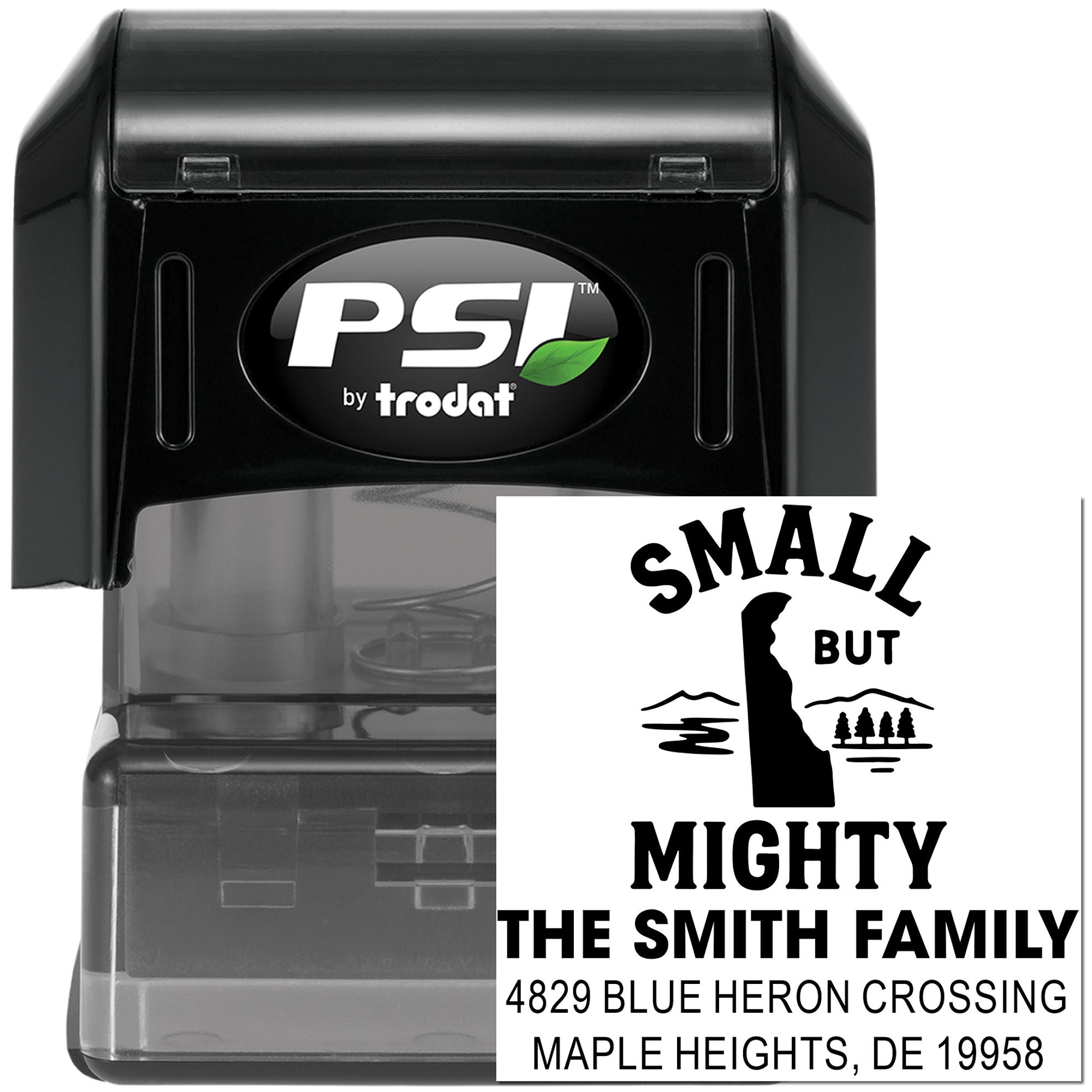 PSI by Trodat self-inking rubber address stamp with custom Small But Mighty Smith family design