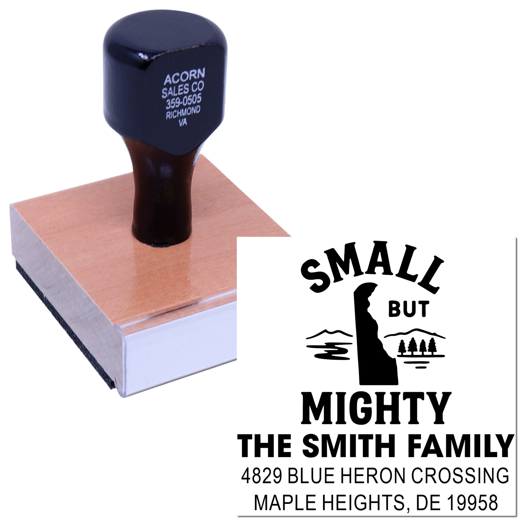 Custom rubber stamp for a Small But Mighty family address design with personalized name and home address.