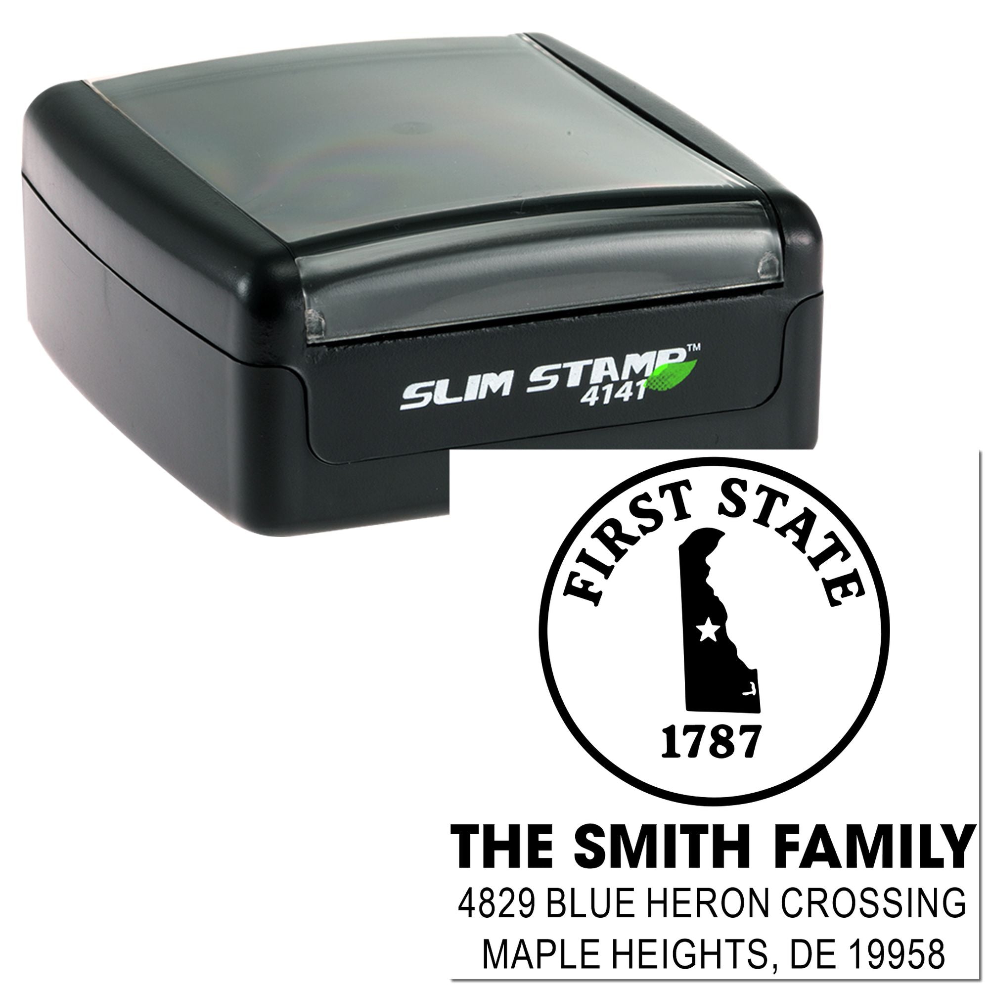 Slim Stamp 4141 custom rubber address stamp with Delaware state design and Smith family return address imprint.