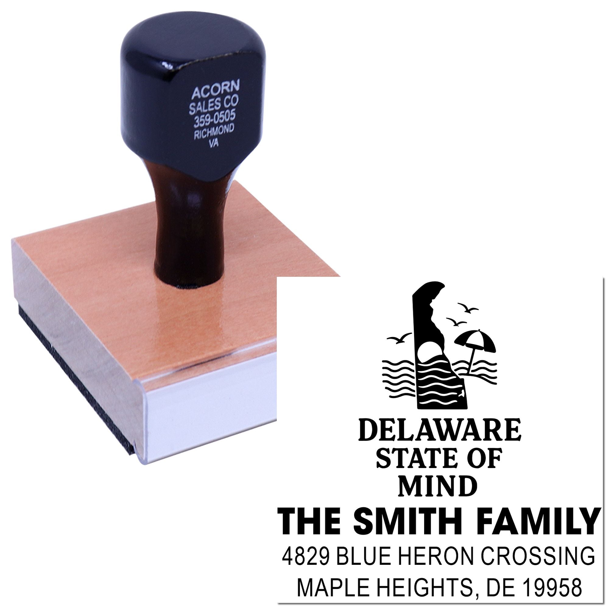 Custom Delaware address rubber stamp for family mailings, featuring a beach-themed return address design and home address.
