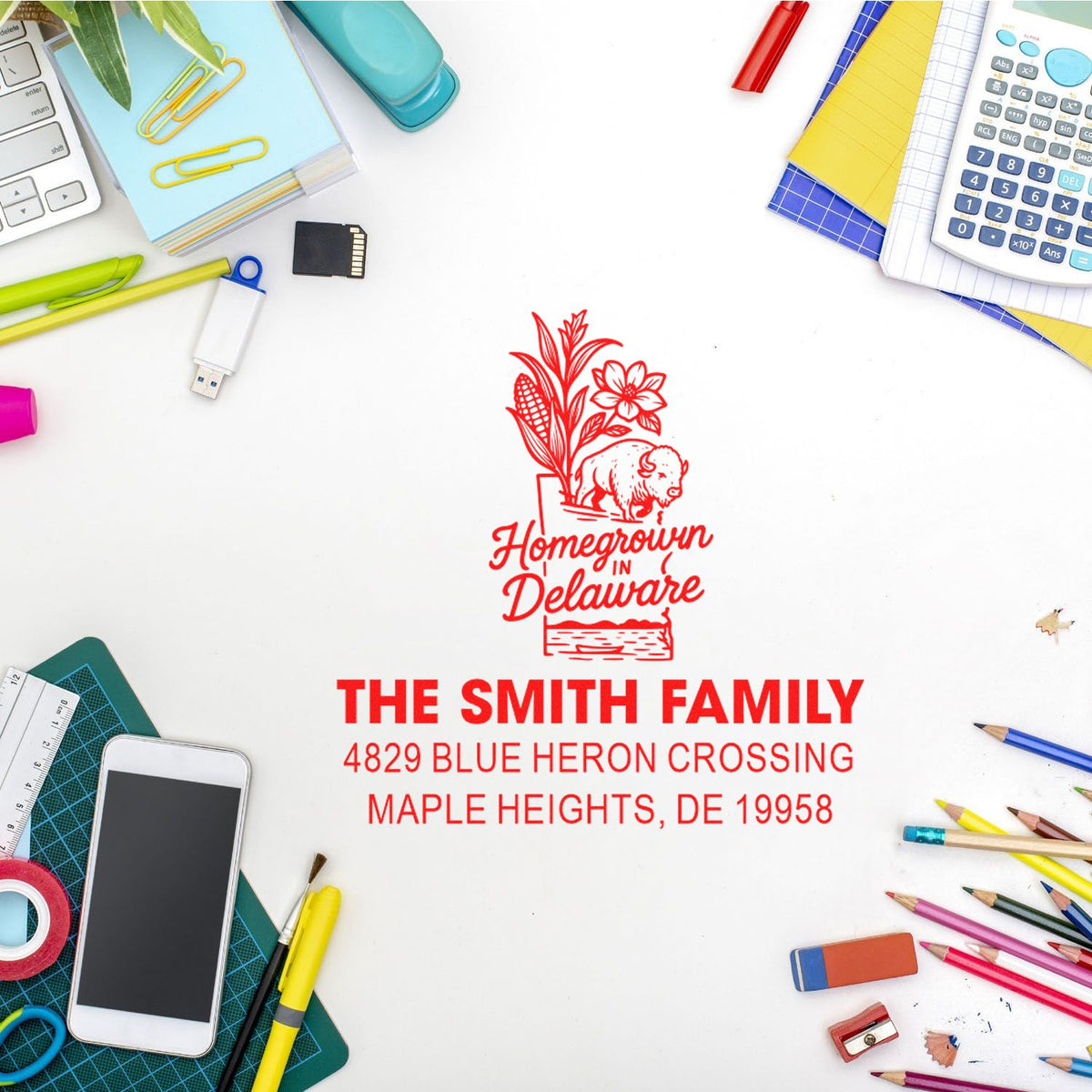 Personalized custom rubber address stamp for The Smith Family, Homegrown in Delaware, with full return address design.