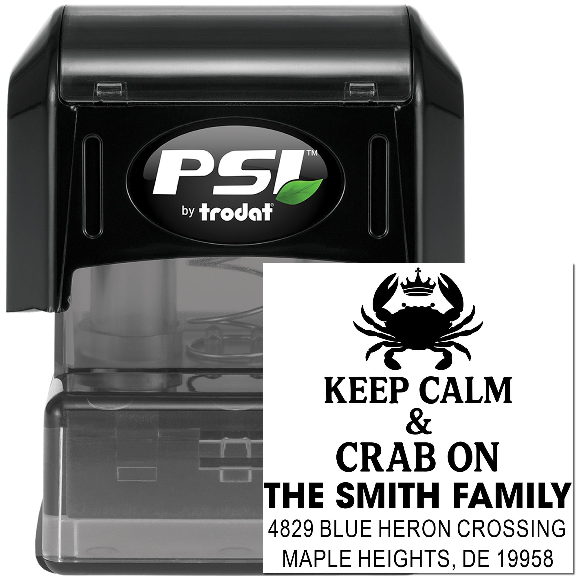 Self-inking custom rubber address stamp with crab graphic for the Smith family, ideal for personalized mail and wedding invites.