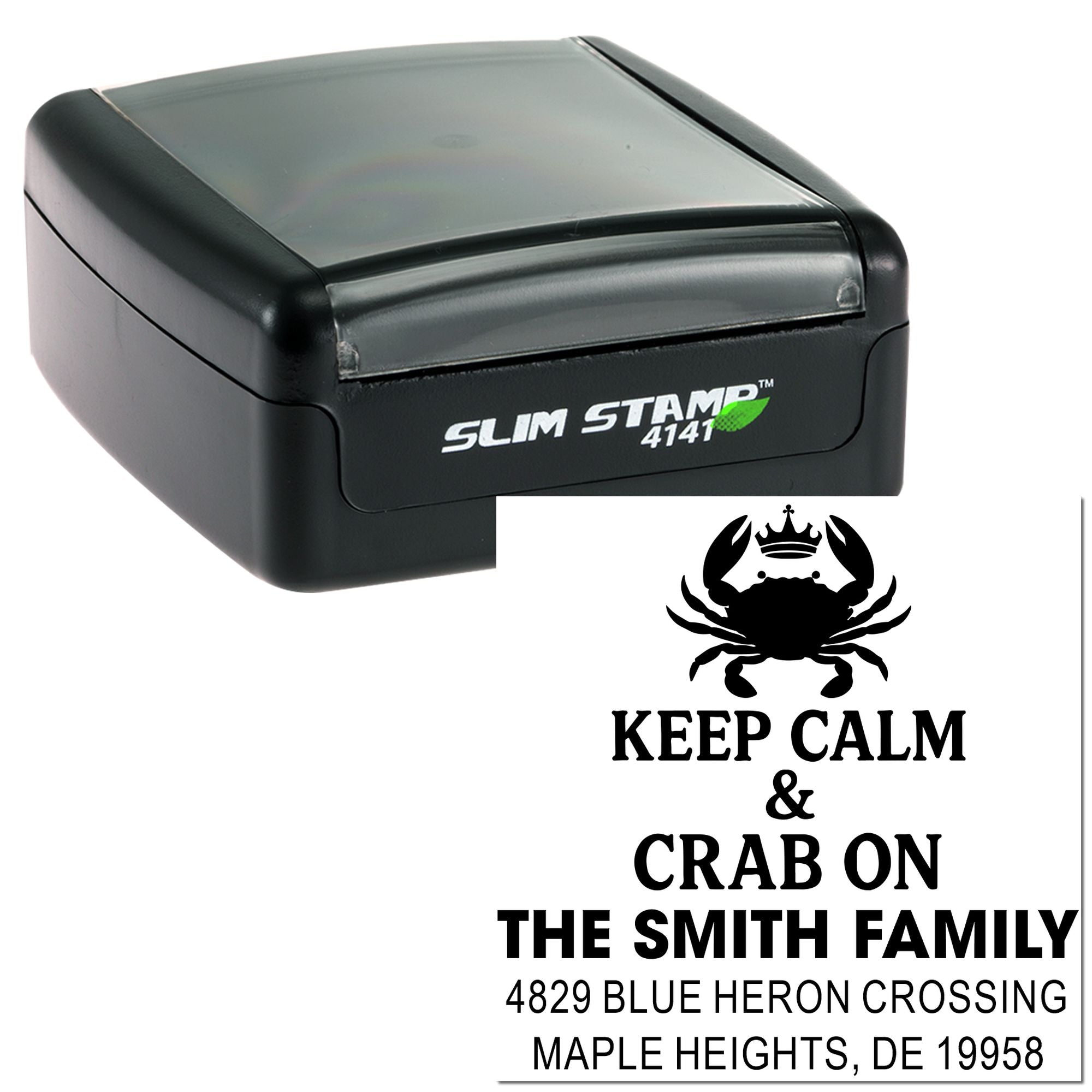 Custom self-inking rubber stamp with crab design, Keep Calm & Crab On text, and personalized family address imprint.