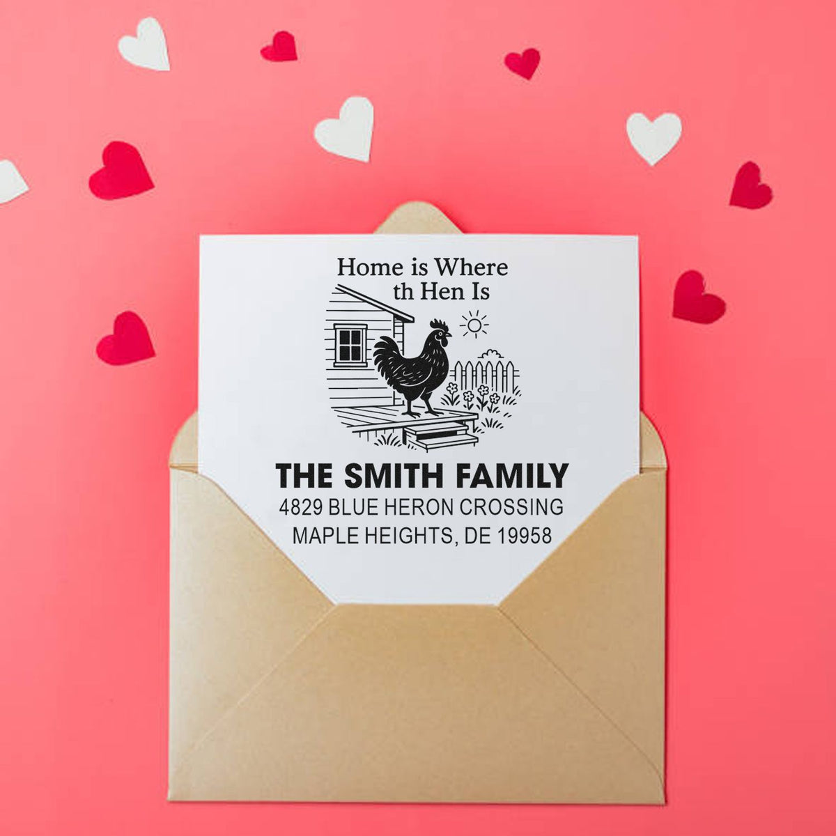 Custom rubber stamp design with hen and farmhouse, personalized return address stamp for The Smith Family, perfect for mail and housewarming.