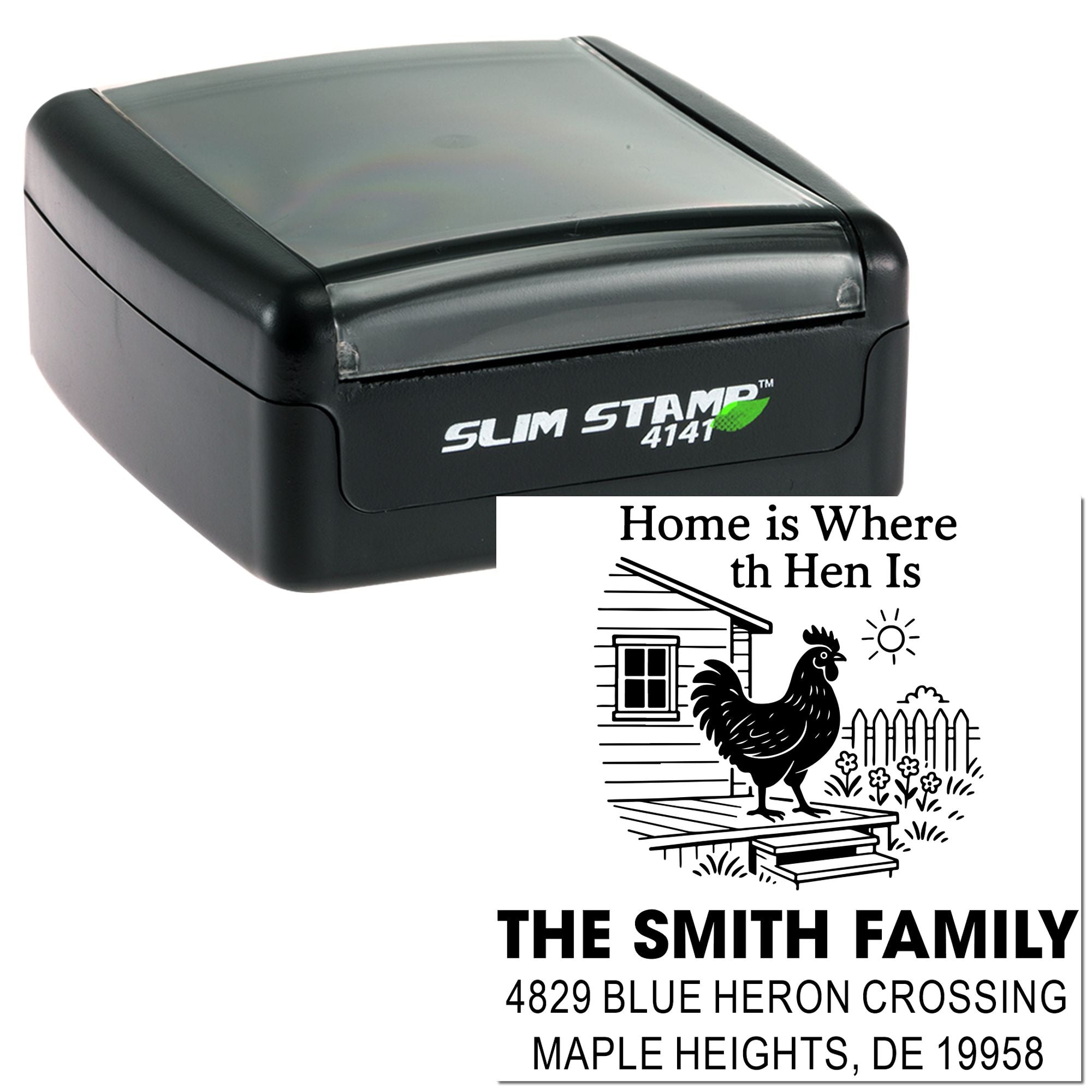 Custom self-inking rubber stamp with rooster house design and personalized Smith family return address.